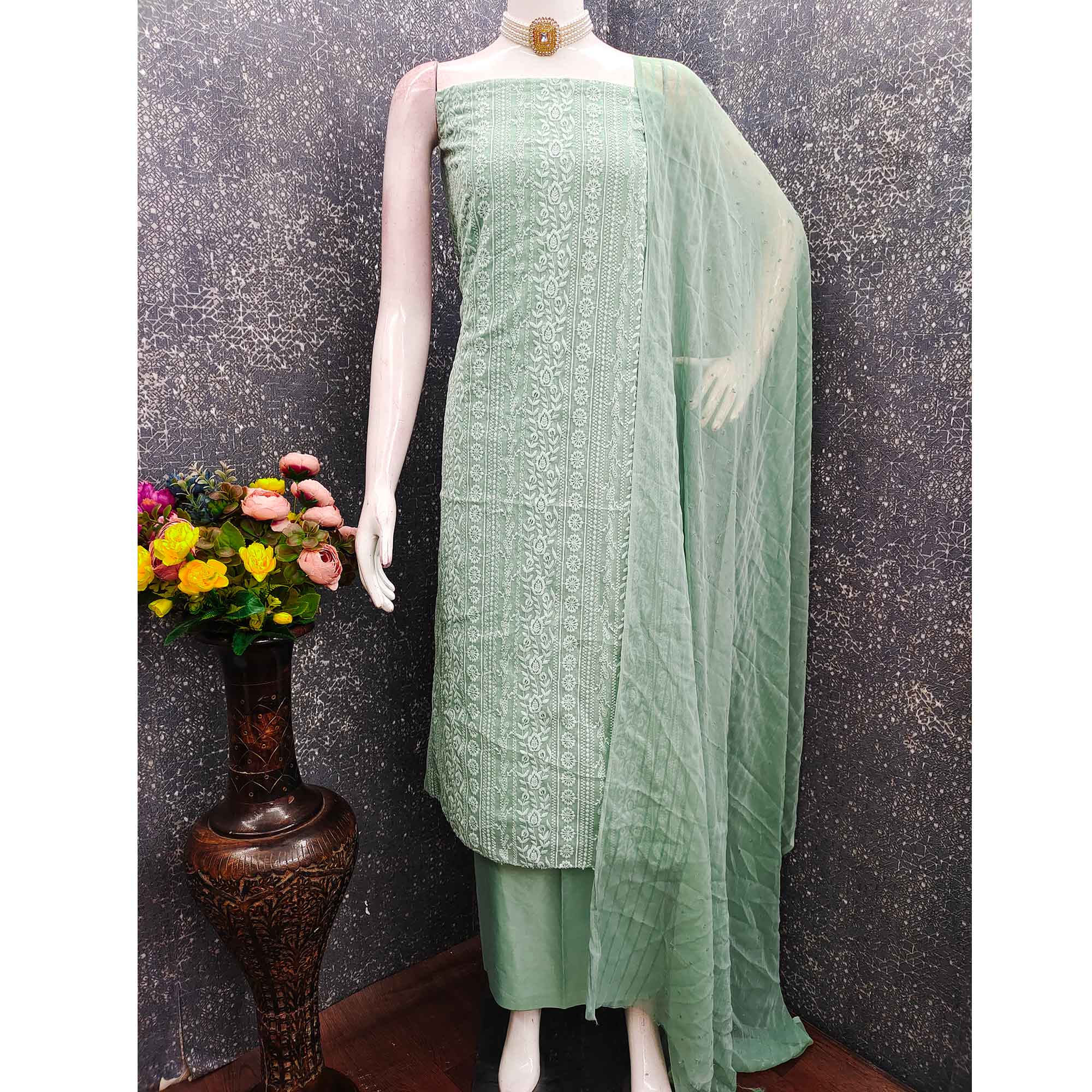 Stunning Green Floral Embroidery With Sparkling Sequins Work Georgette Dress Material - Image 3