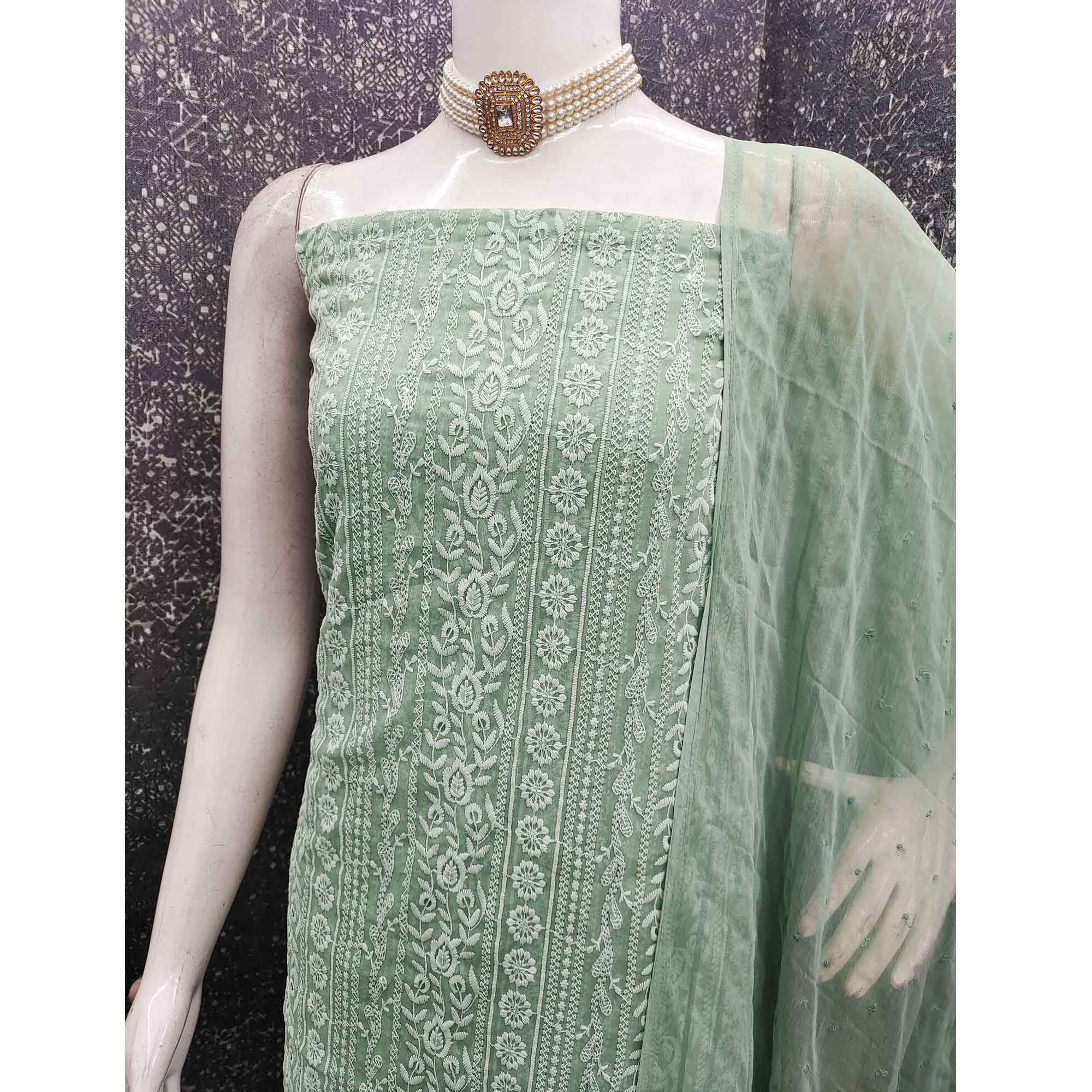Stunning Green Floral Embroidery With Sparkling Sequins Work Georgette Dress Material - Image 4