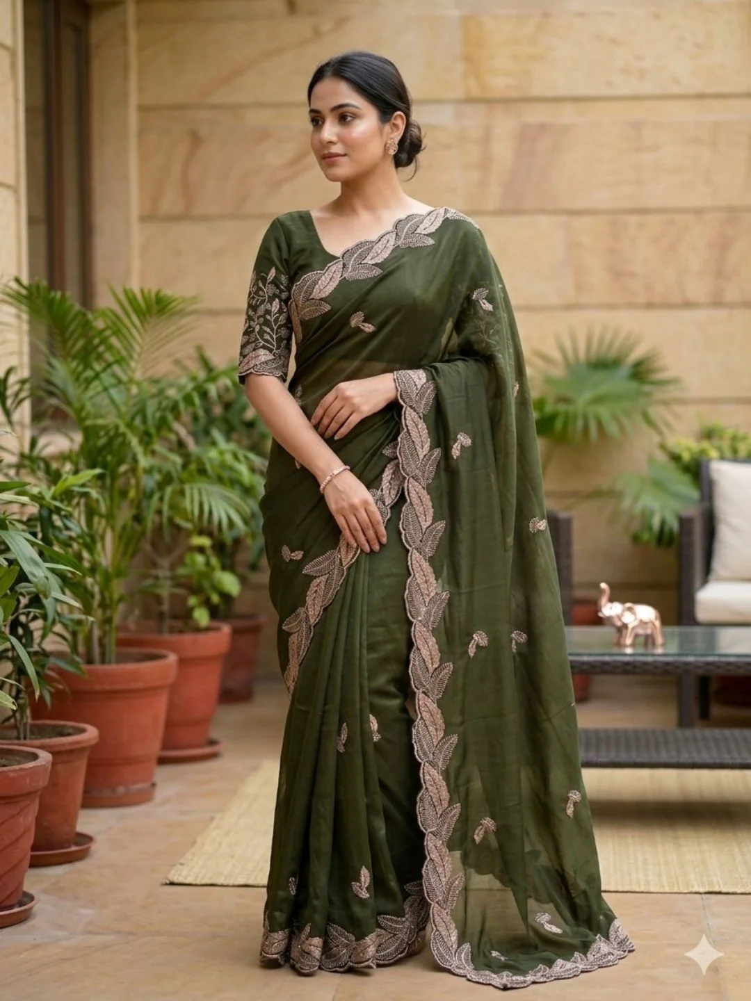 Stunning Green Leaf Pattern Zari Embroidery Shimmer Saree With Luxurious Sparkling Texture