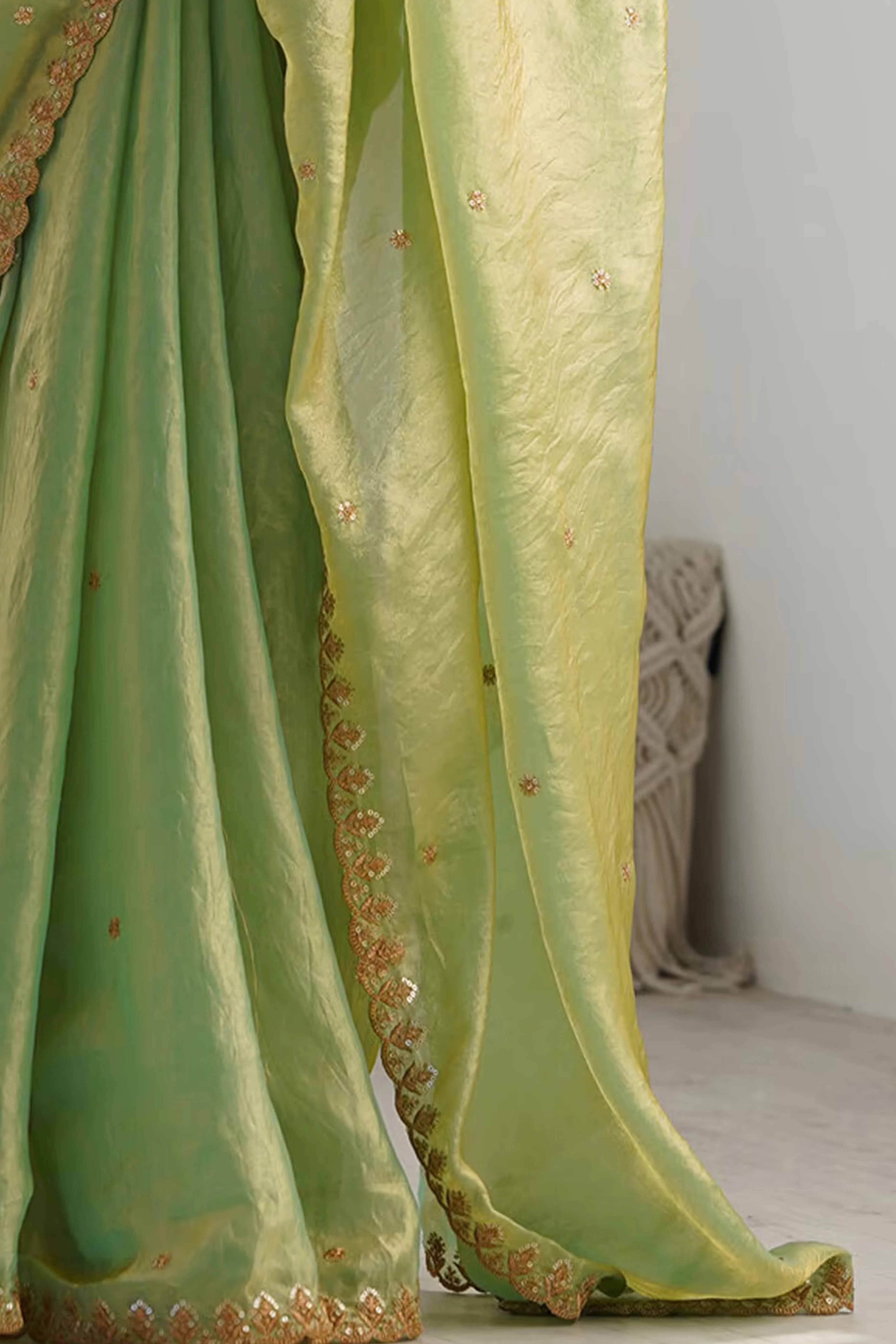 Stunning Green Organza Satin Silk Saree Adorned With Floral Sequin Zari Embroidery Work - Image 6
