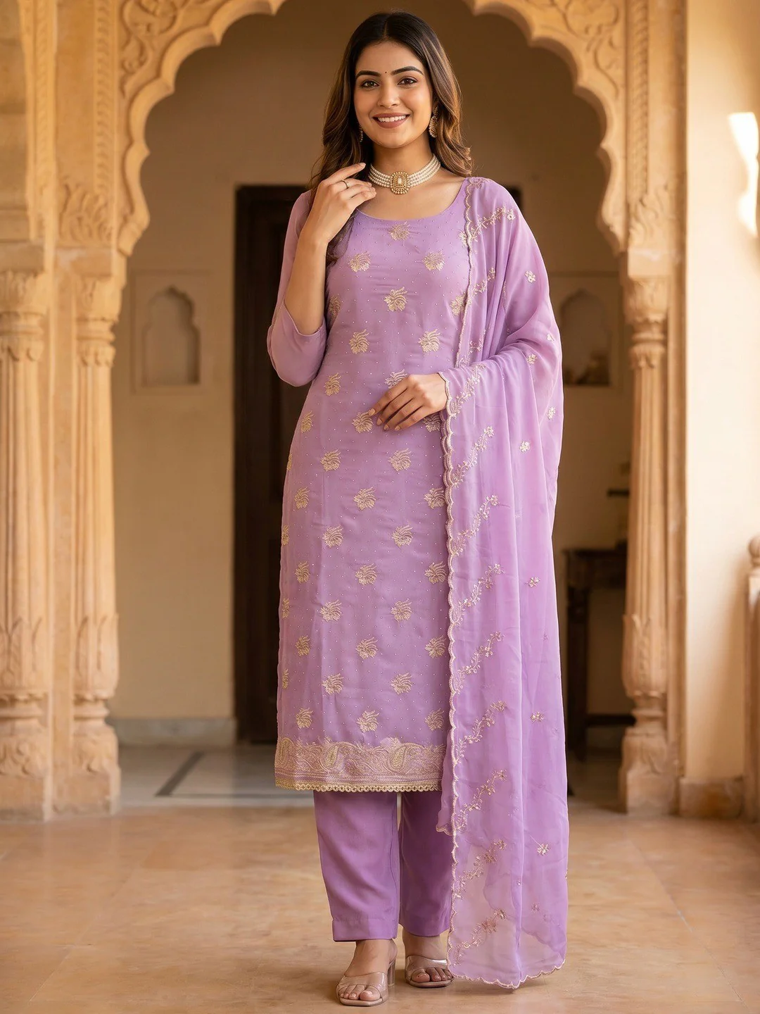Stunning Lavender Floral Embroidery With Diamond Work Georgette Dress Material
