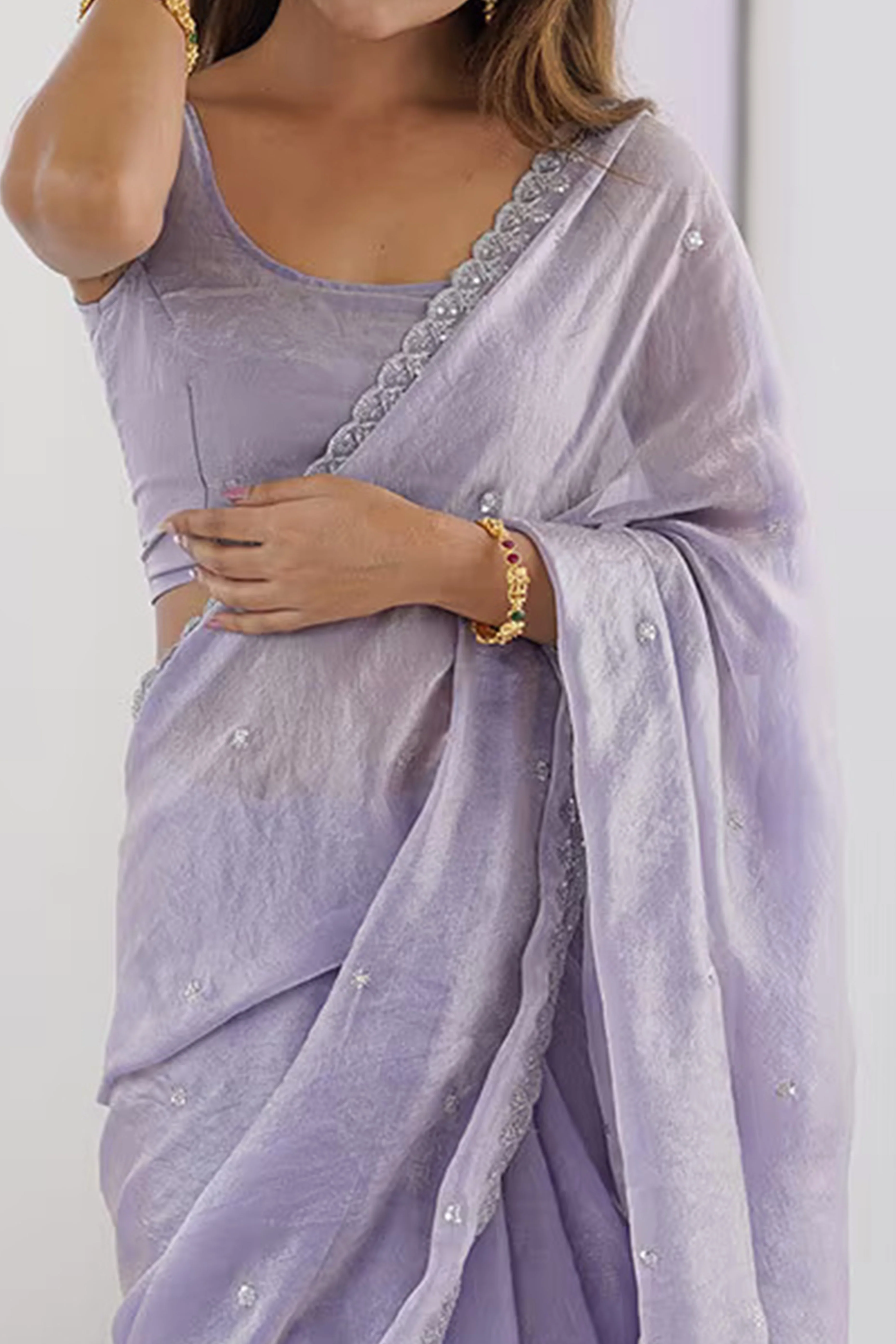 Stunning Lavender Organza Satin Silk Saree Adorned With Floral Sequin Zari Embroidery Work - Image 2