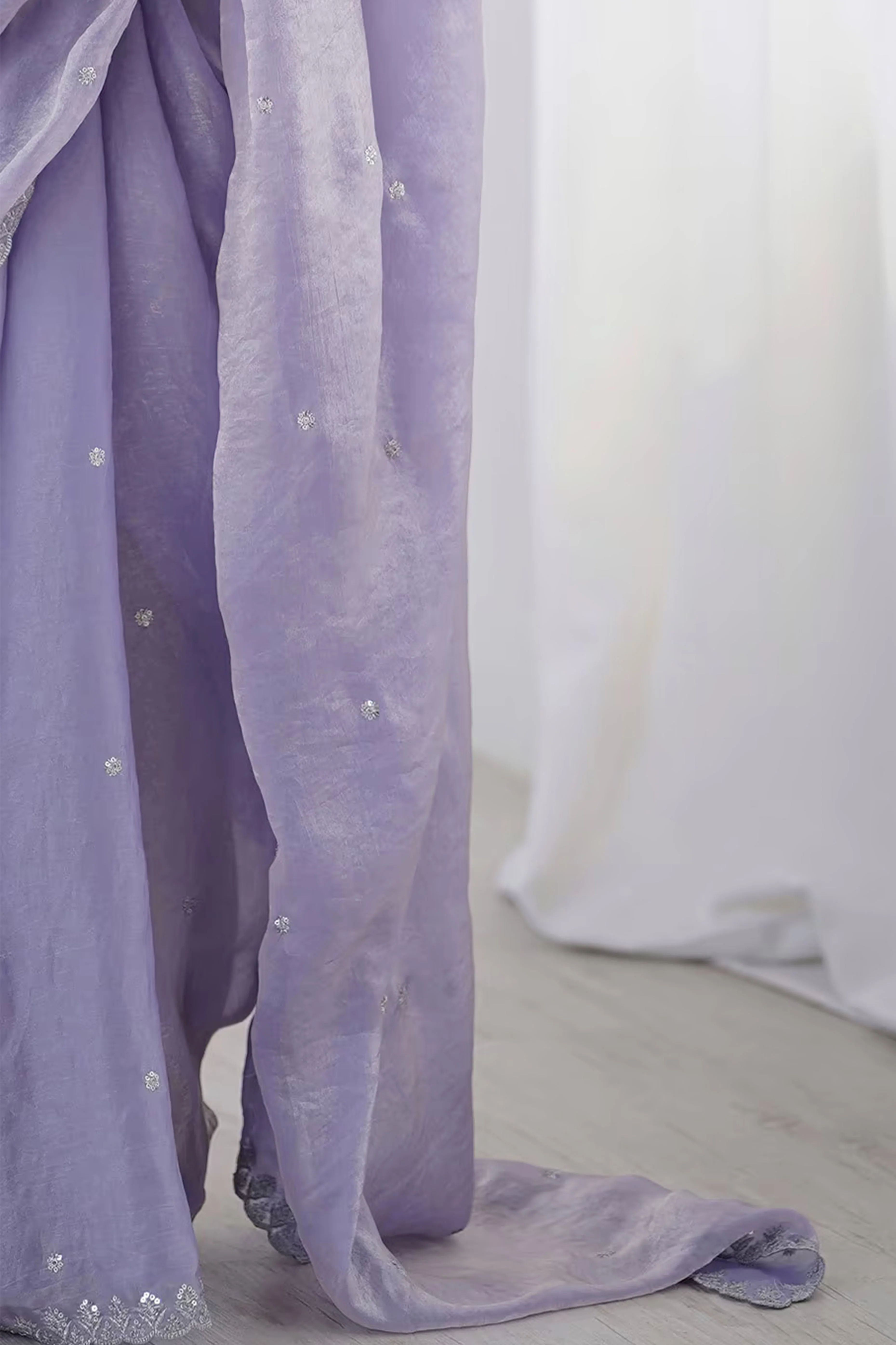 Stunning Lavender Organza Satin Silk Saree Adorned With Floral Sequin Zari Embroidery Work - Image 6