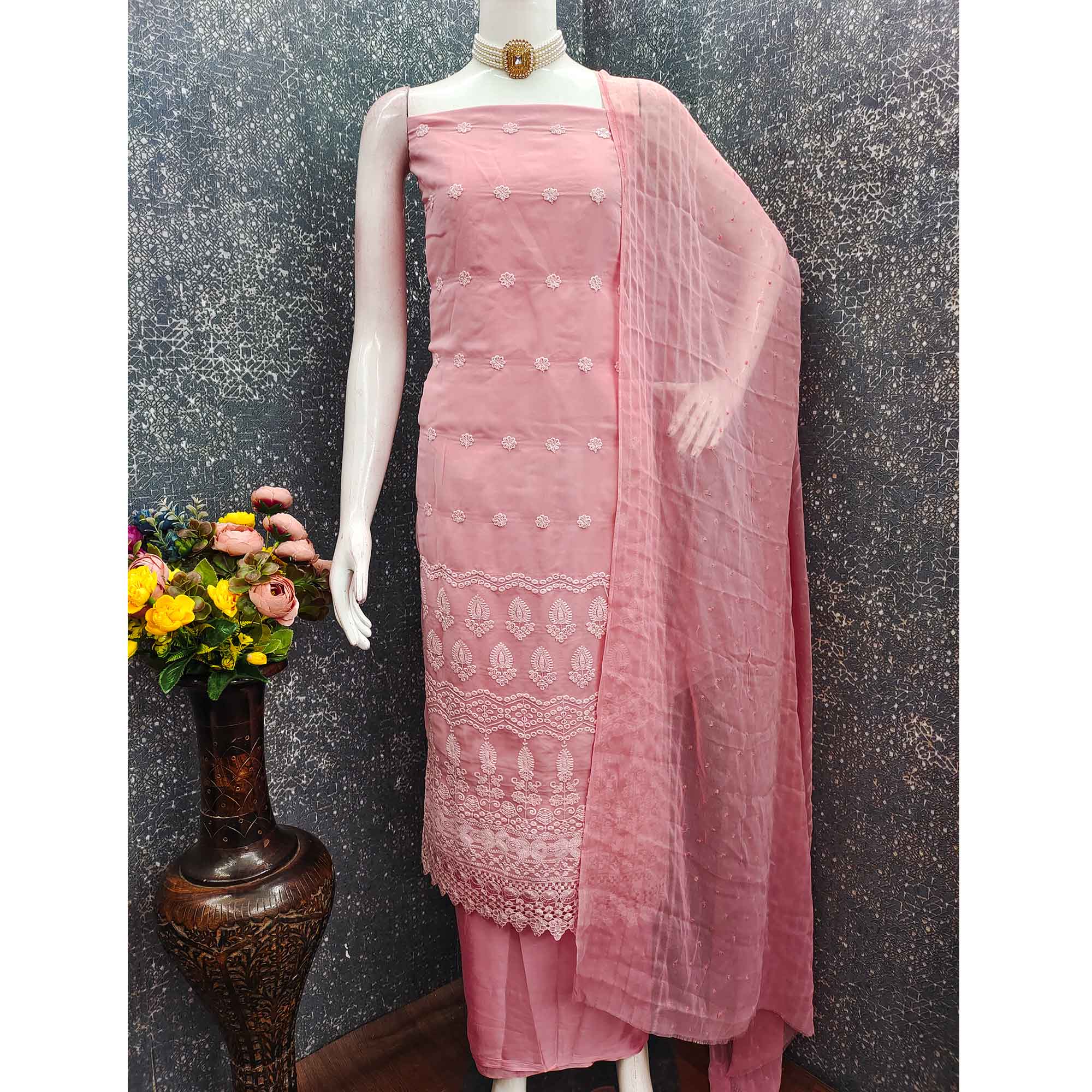 Stunning Light Rose Pink Floral Embroidery With Sparkling Sequins Work Georgette Dress Material - Image 3