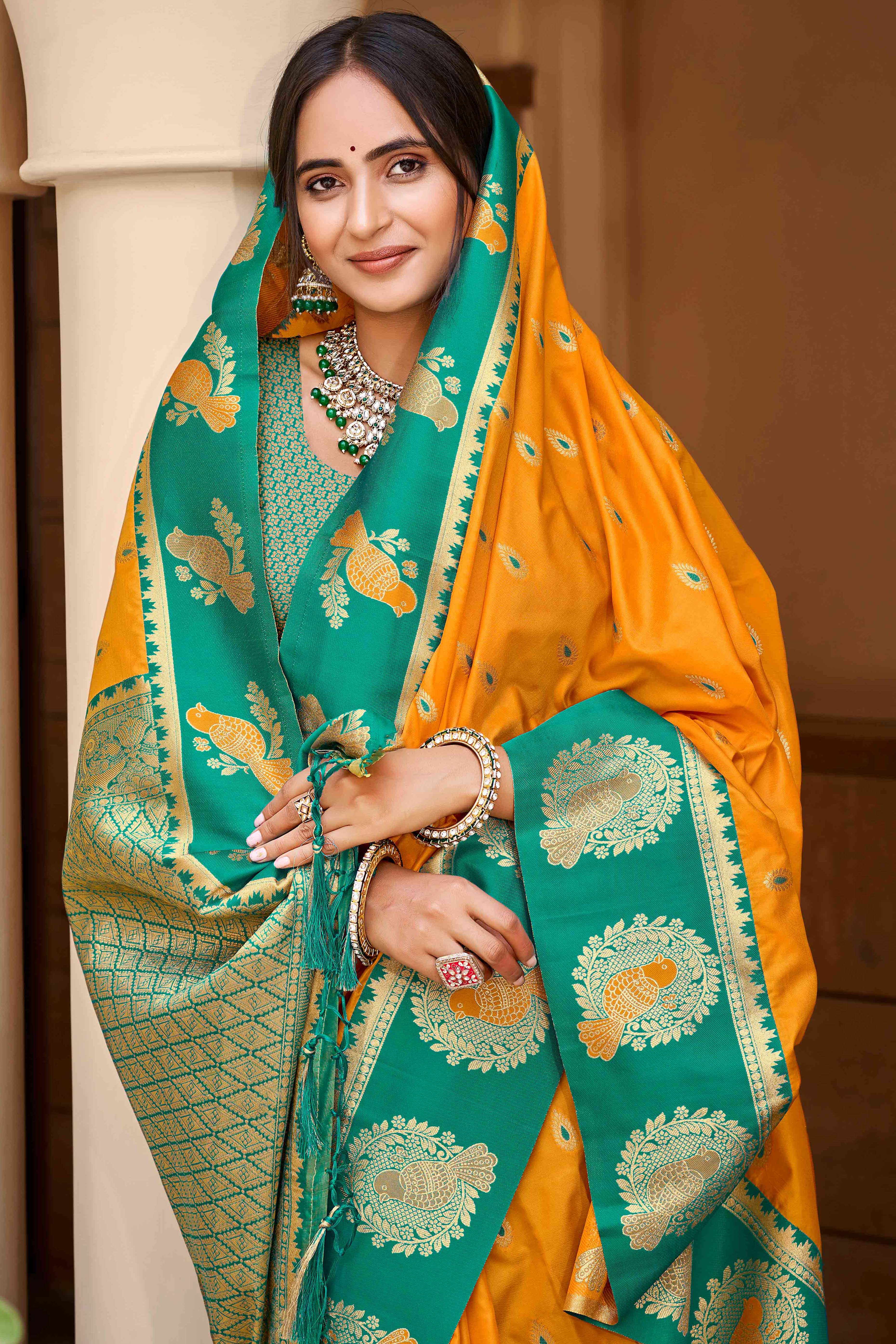 Stunning Mustard Floral Weaving Silk Blend Saree With Birds Design Border & Tassel Pallu - Image 3