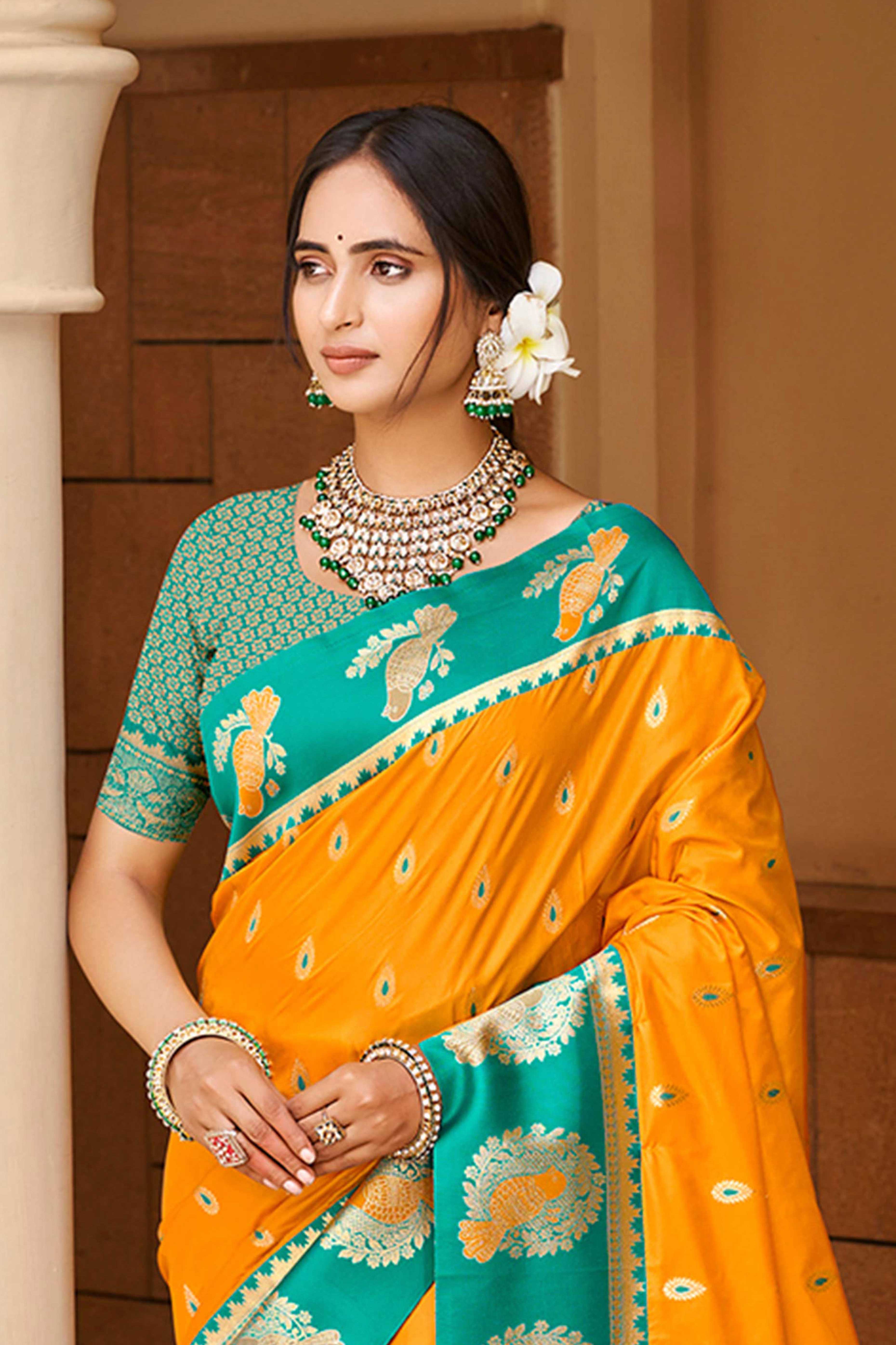 Stunning Mustard Floral Weaving Silk Blend Saree With Birds Design Border & Tassel Pallu - Image 4