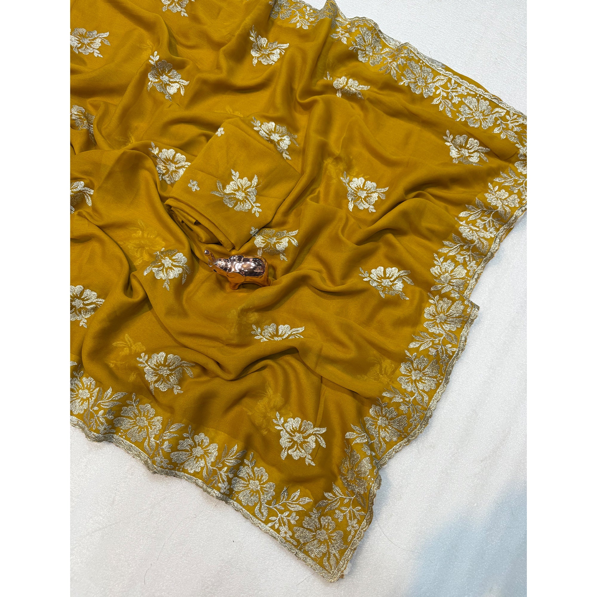 Stunning Mustard Georgette Saree with Floral Zari Embroidery & Ornate Cutwork Border - Image 3