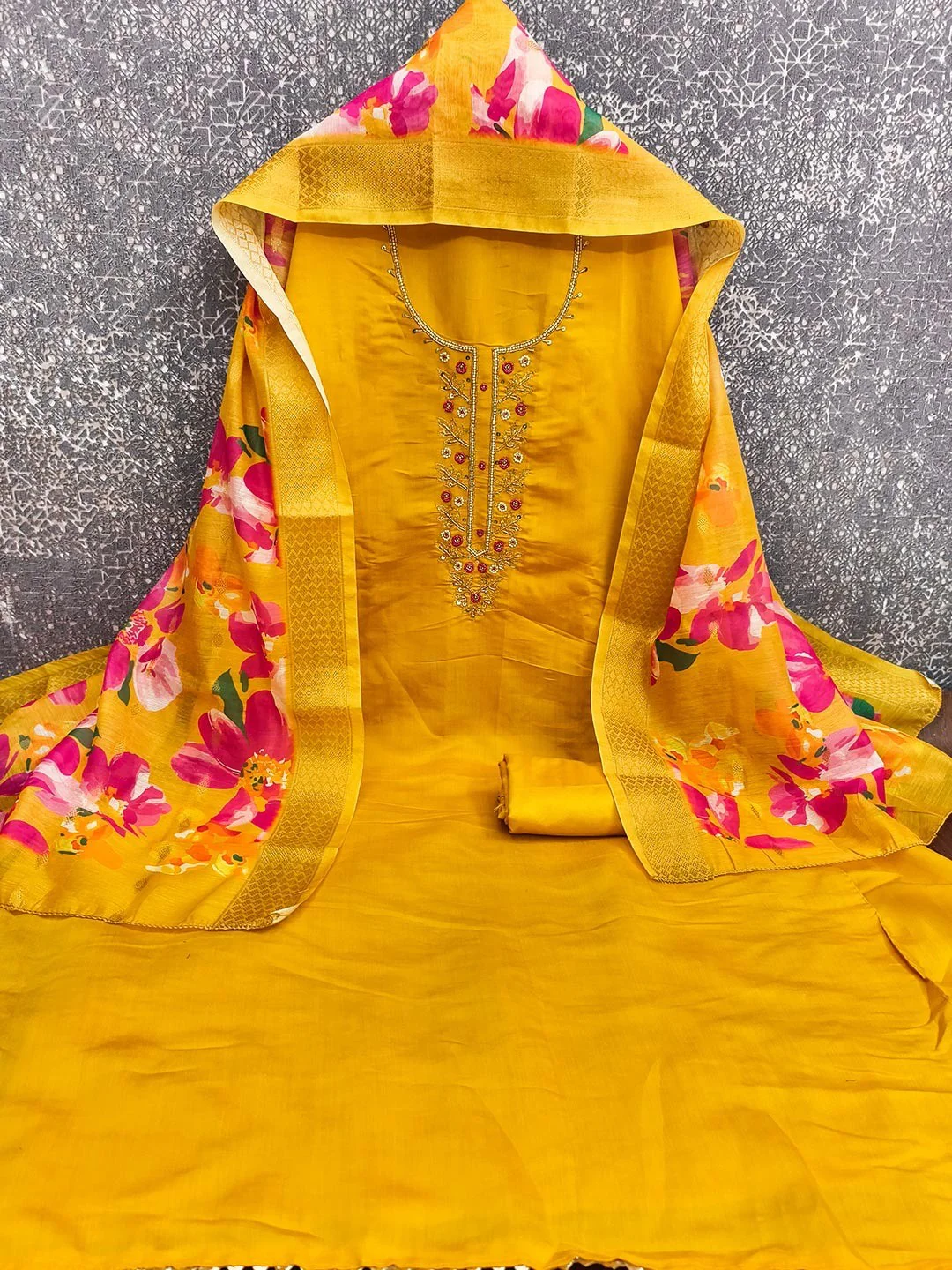 Stunning Mustard Moti & Beads Hand Embellished With Sequins Roman Art Silk Dress Material - Image 2