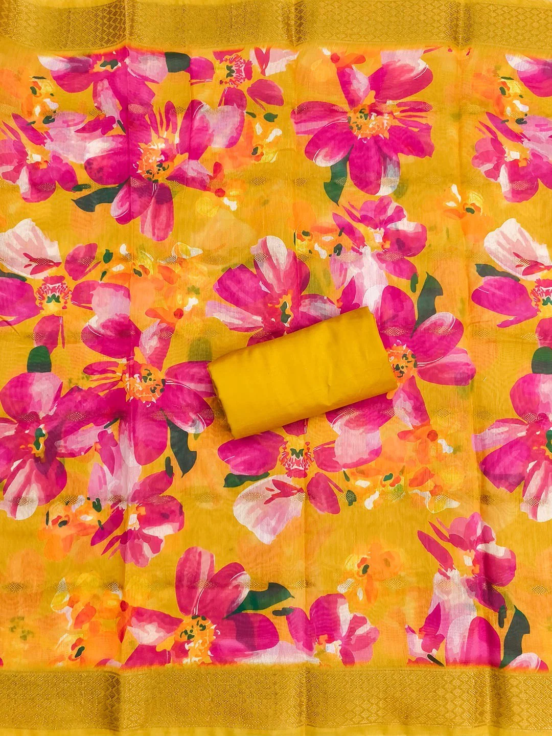 Stunning Mustard Moti & Beads Hand Embellished With Sequins Roman Art Silk Dress Material - Image 3