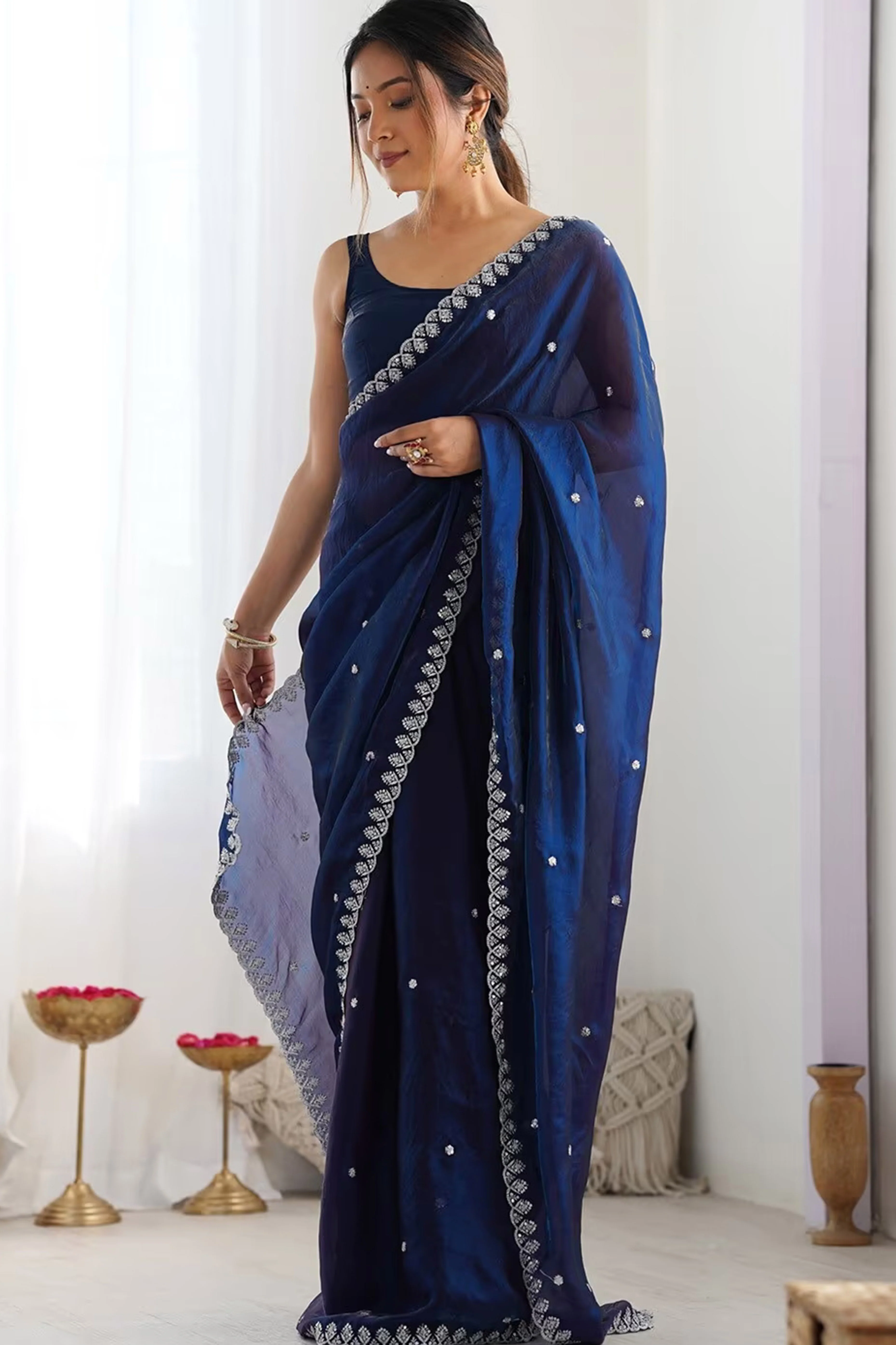 Stunning Navy Blue Organza Satin Silk Saree Adorned With Floral Sequin Zari Embroidery Work - Image 3