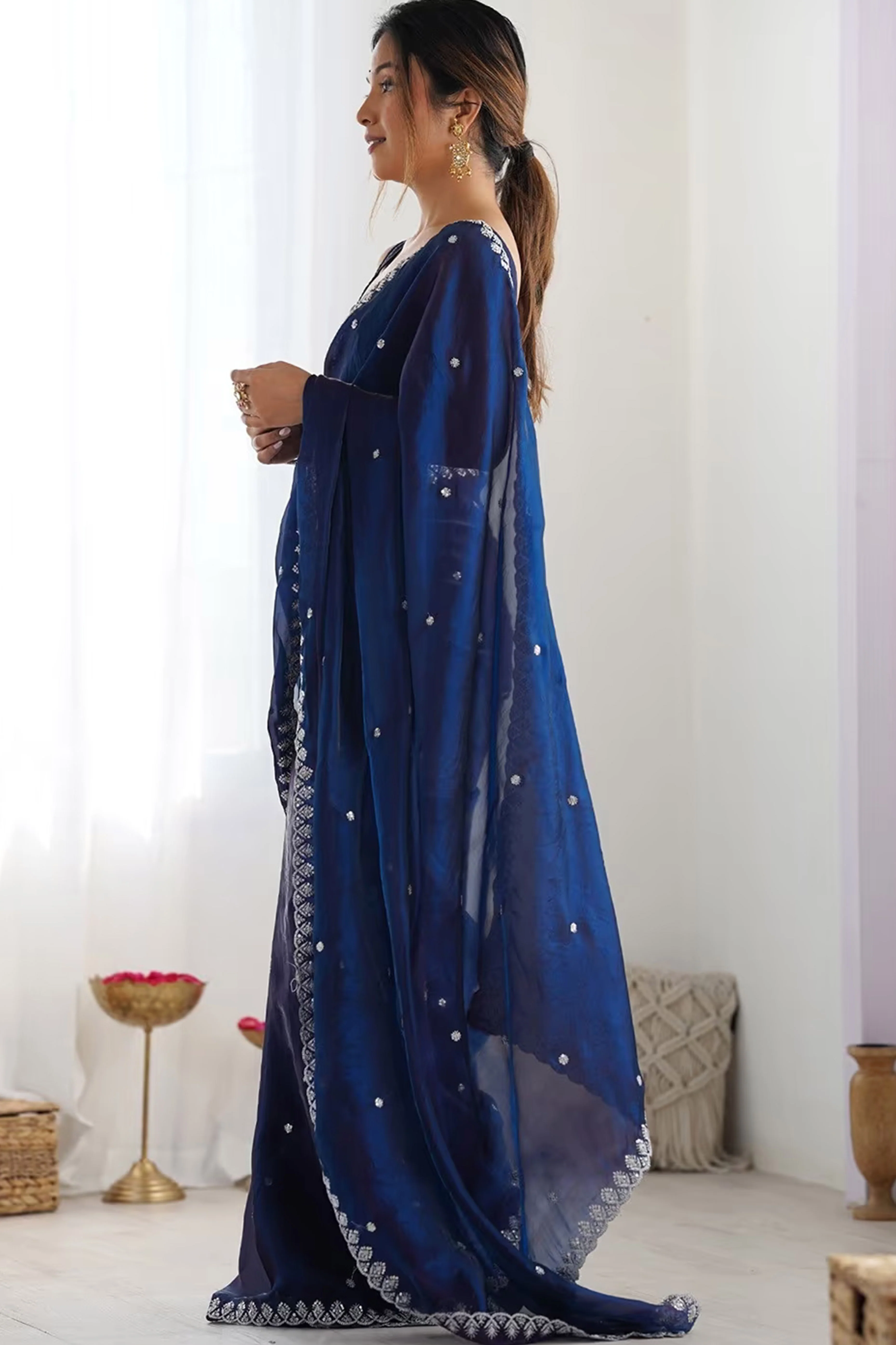 Stunning Navy Blue Organza Satin Silk Saree Adorned With Floral Sequin Zari Embroidery Work - Image 4