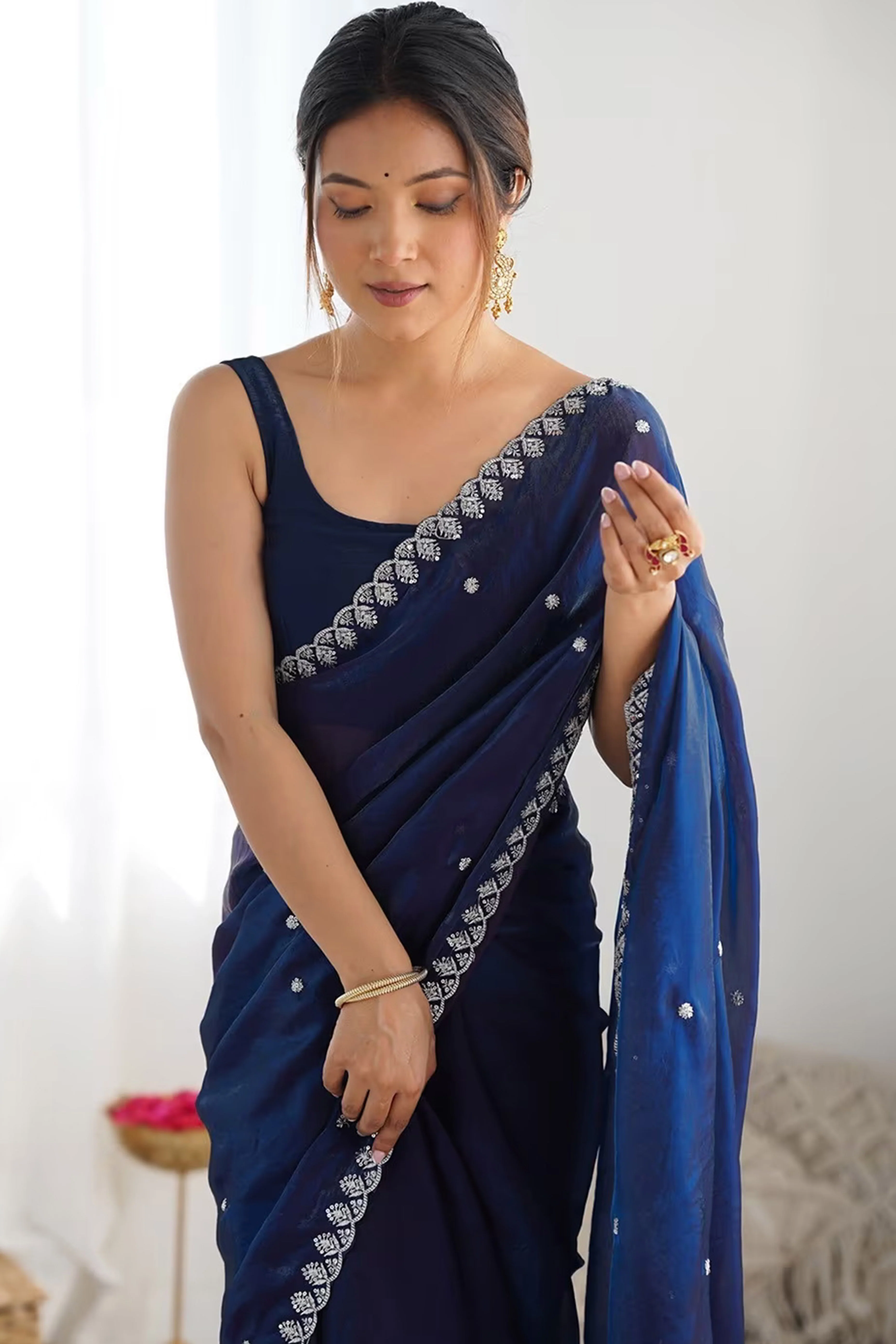 Stunning Navy Blue Organza Satin Silk Saree Adorned With Floral Sequin Zari Embroidery Work - Image 5