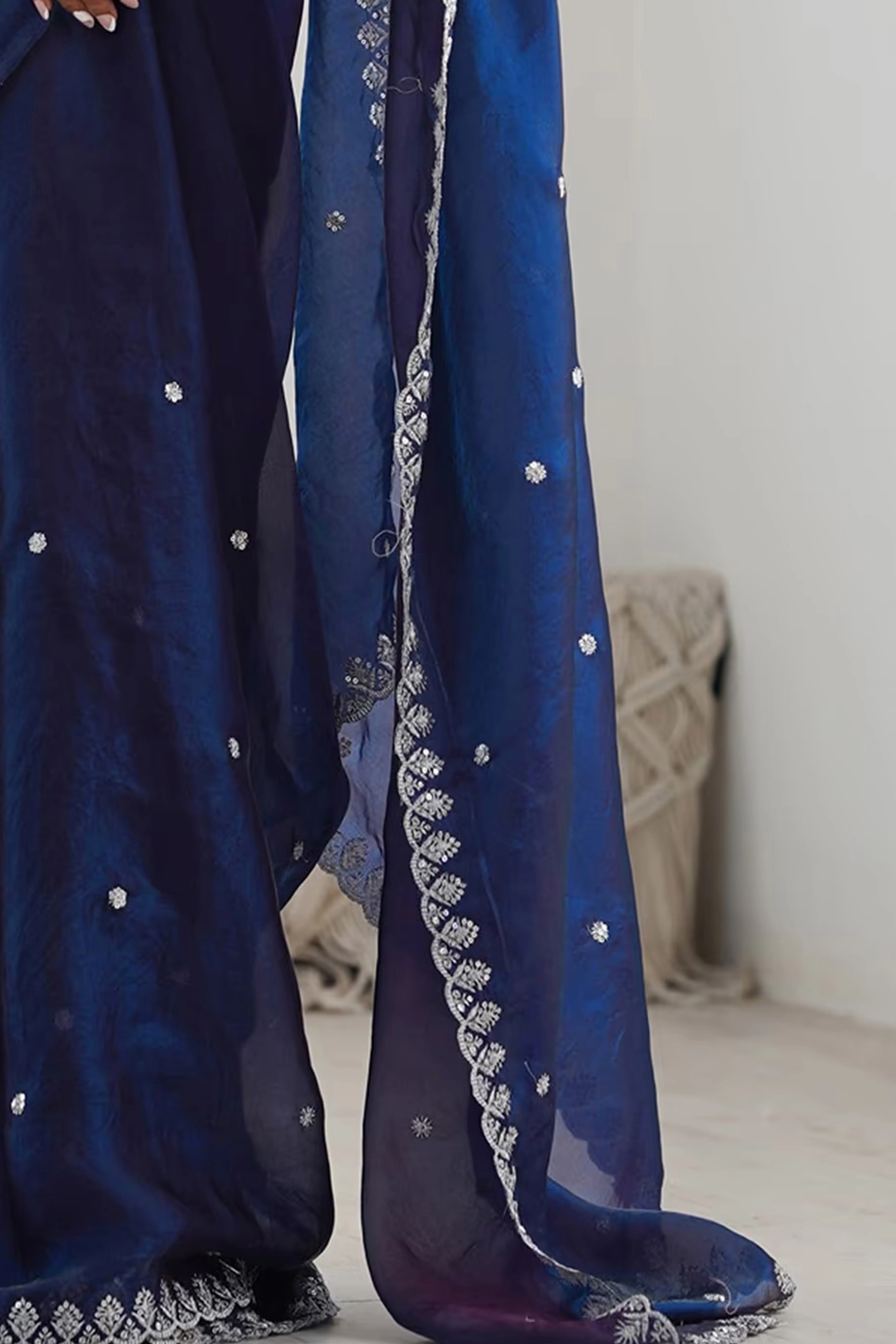 Stunning Navy Blue Organza Satin Silk Saree Adorned With Floral Sequin Zari Embroidery Work - Image 6