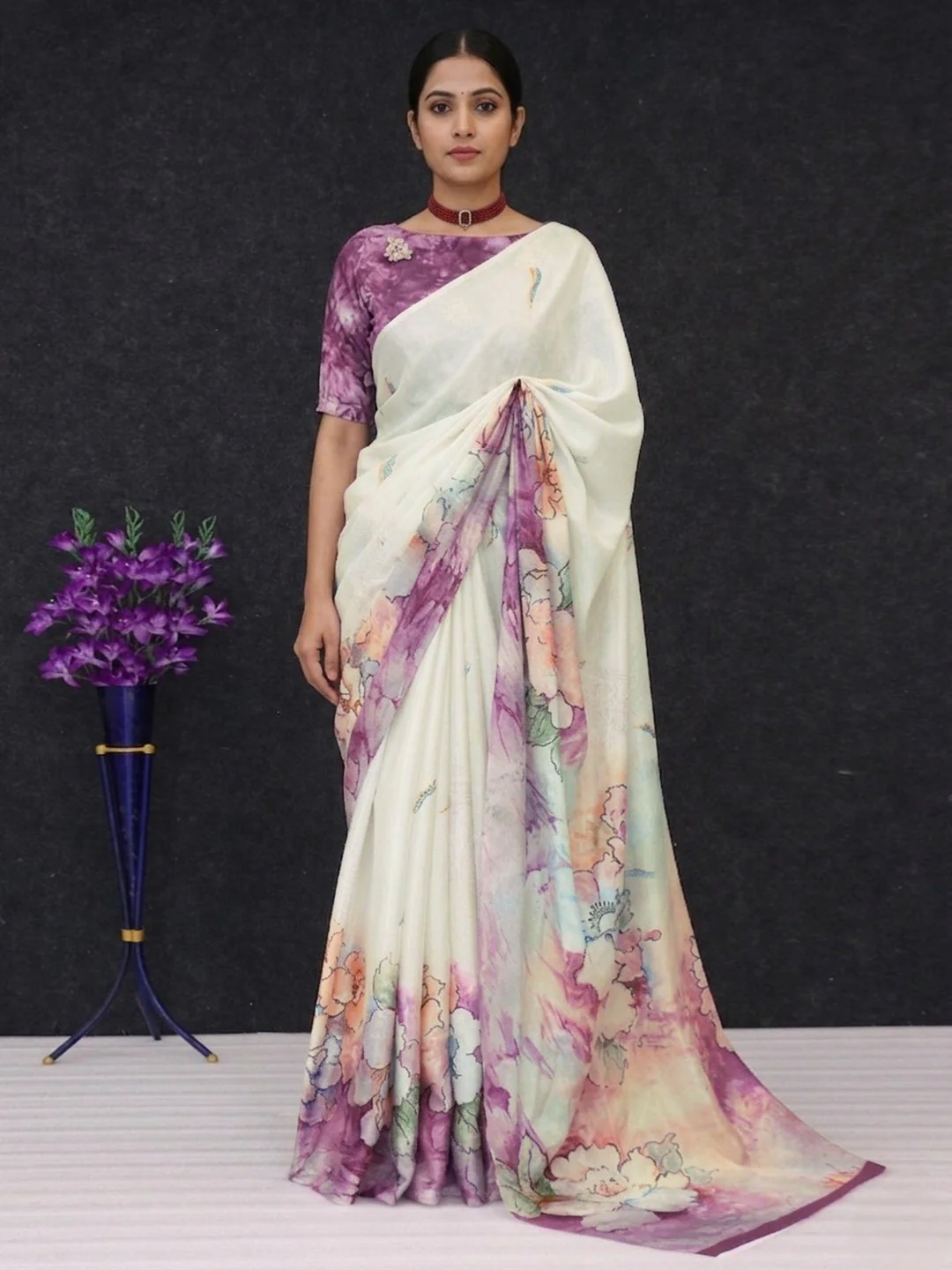 Stunning Offwhite Floral Pattern Chinon Saree With Rich Designer Work