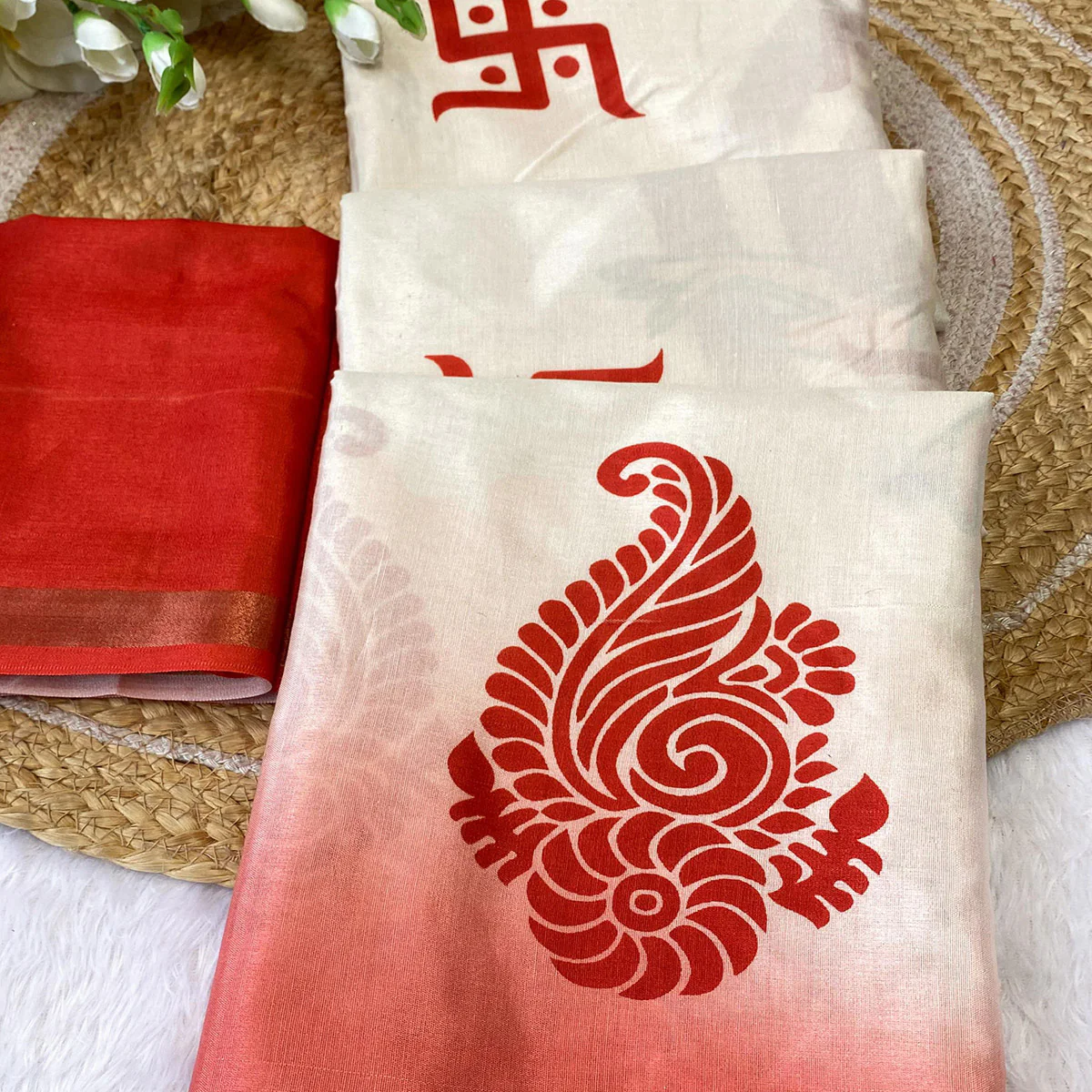 Stunning Offwhite & Red Durga Maa Digital Printed Saree With Sacred Motifs & Contrast Border - Image 2