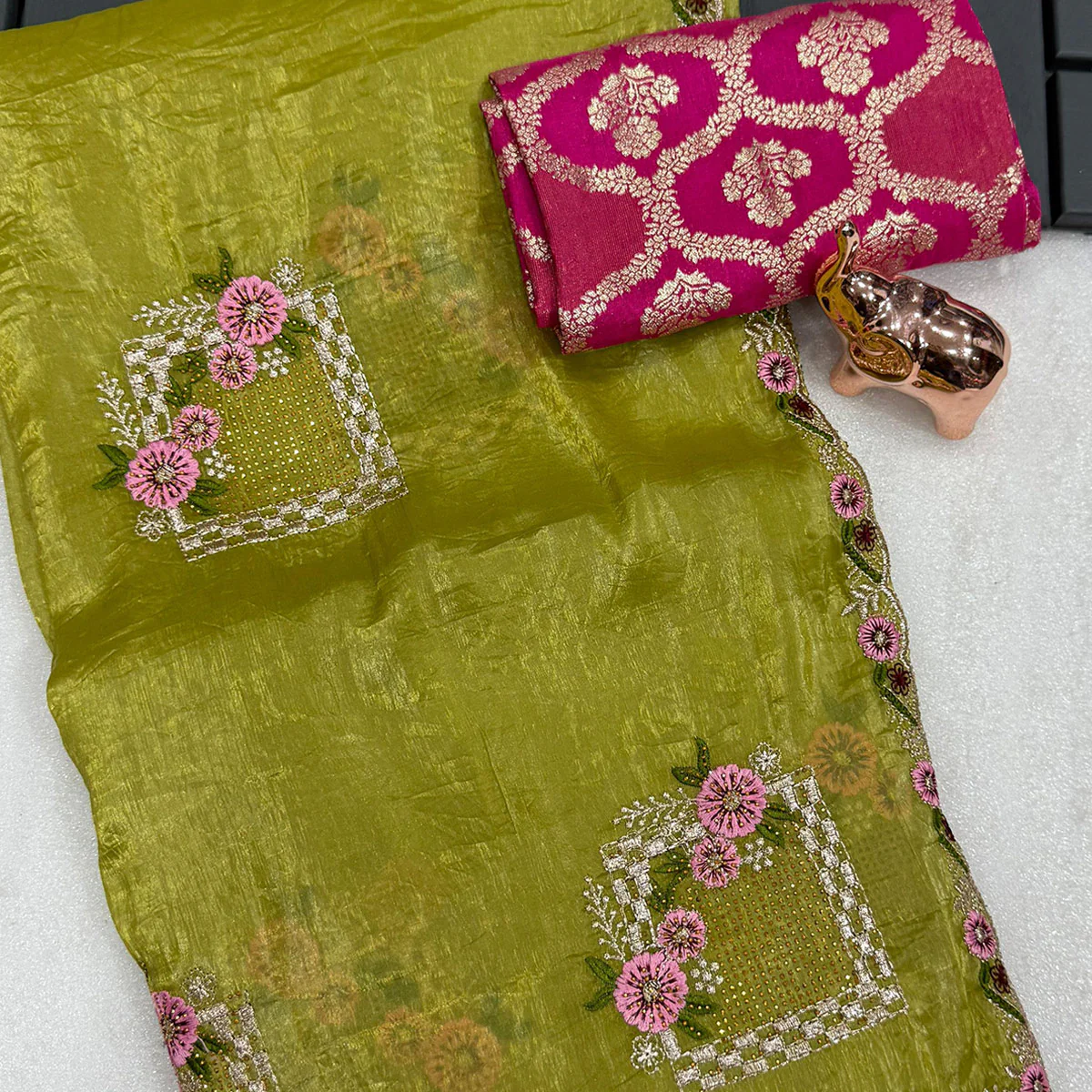 Stunning Olive Floral Embroidery & Swarovski Adorned Paper Silk Saree with Cutwork Border - Image 2