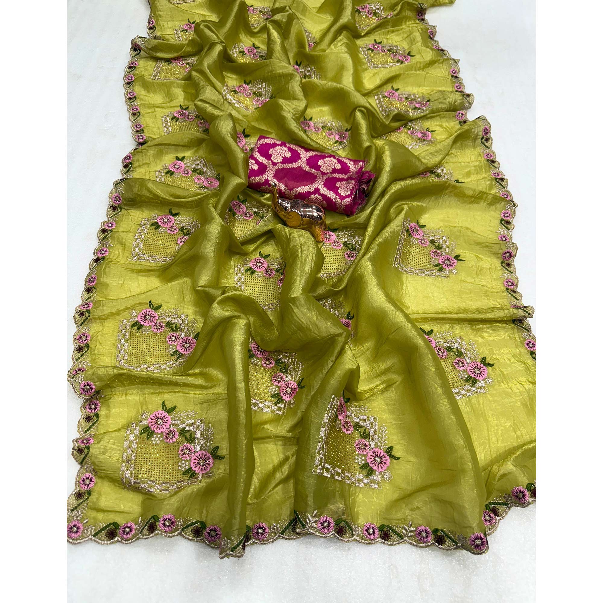 Stunning Olive Floral Embroidery & Swarovski Adorned Paper Silk Saree with Cutwork Border - Image 3