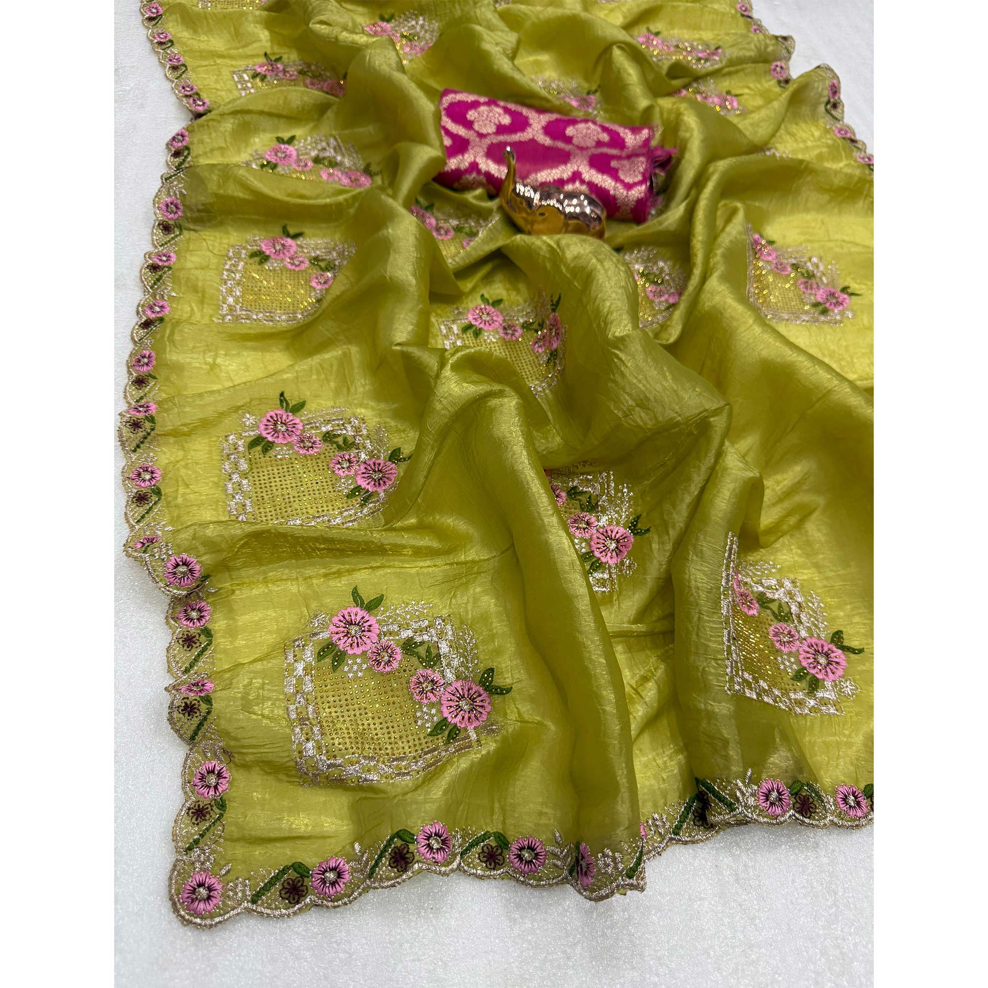 Stunning Olive Floral Embroidery & Swarovski Adorned Paper Silk Saree with Cutwork Border - Image 4