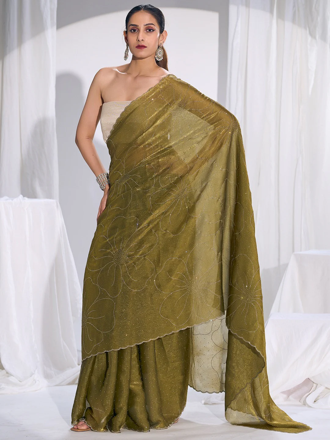 Stunning Olive Satin Silk Saree Highlighting Floral Stone Work Craftsmanship