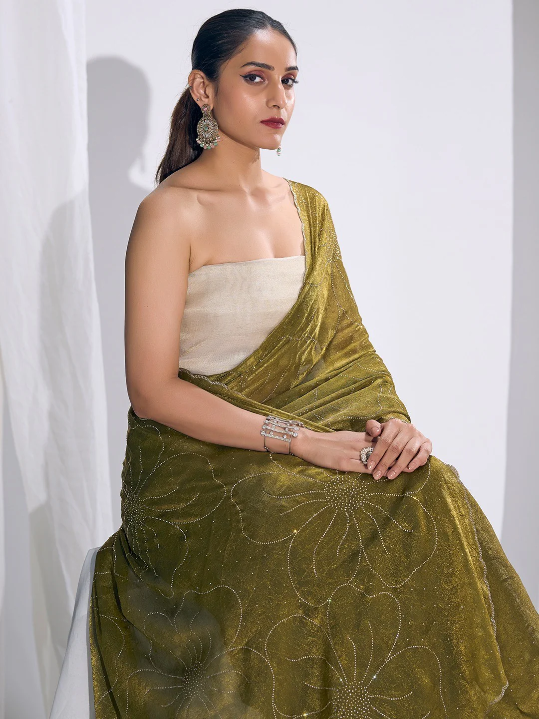 Stunning Olive Satin Silk Saree Highlighting Floral Stone Work Craftsmanship - Image 3