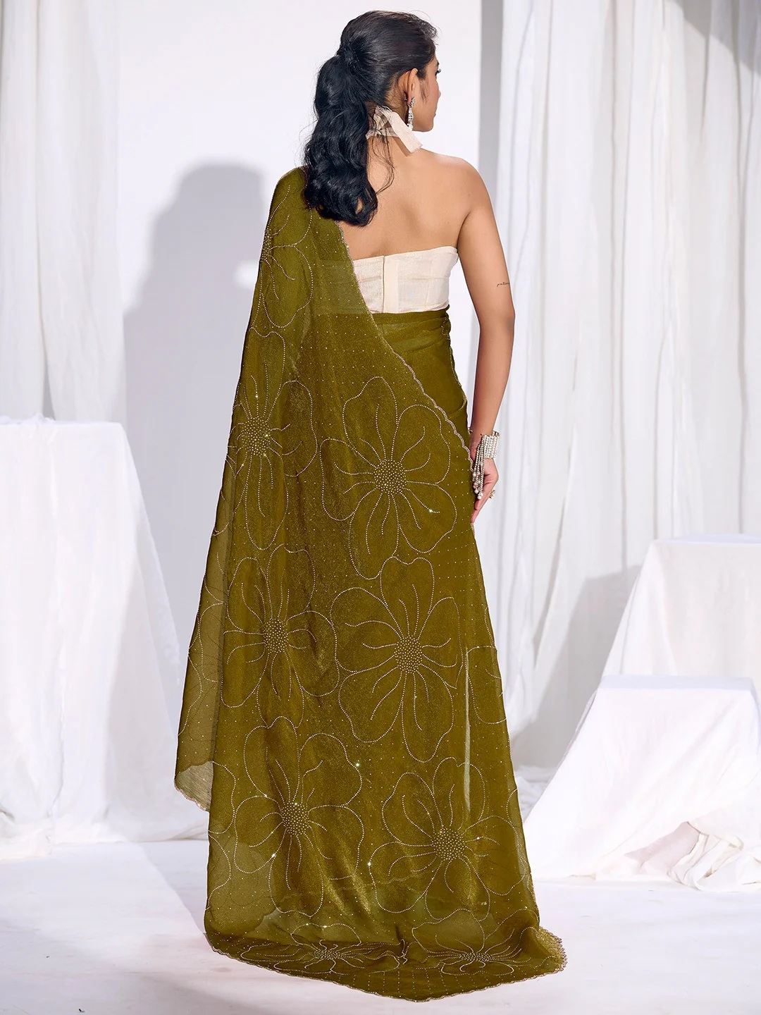 Stunning Olive Satin Silk Saree Highlighting Floral Stone Work Craftsmanship - Image 4