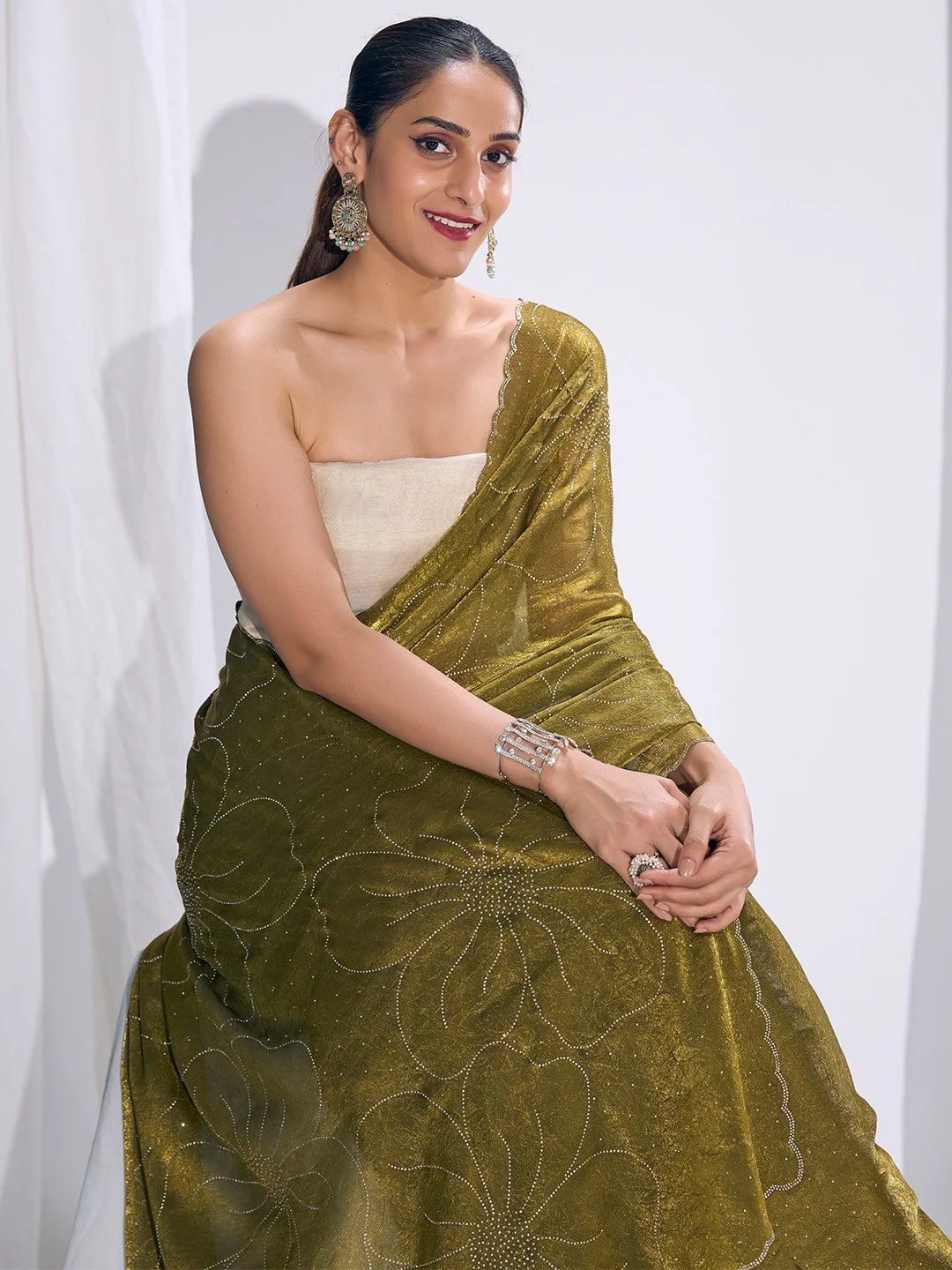 Stunning Olive Satin Silk Saree Highlighting Floral Stone Work Craftsmanship - Image 6