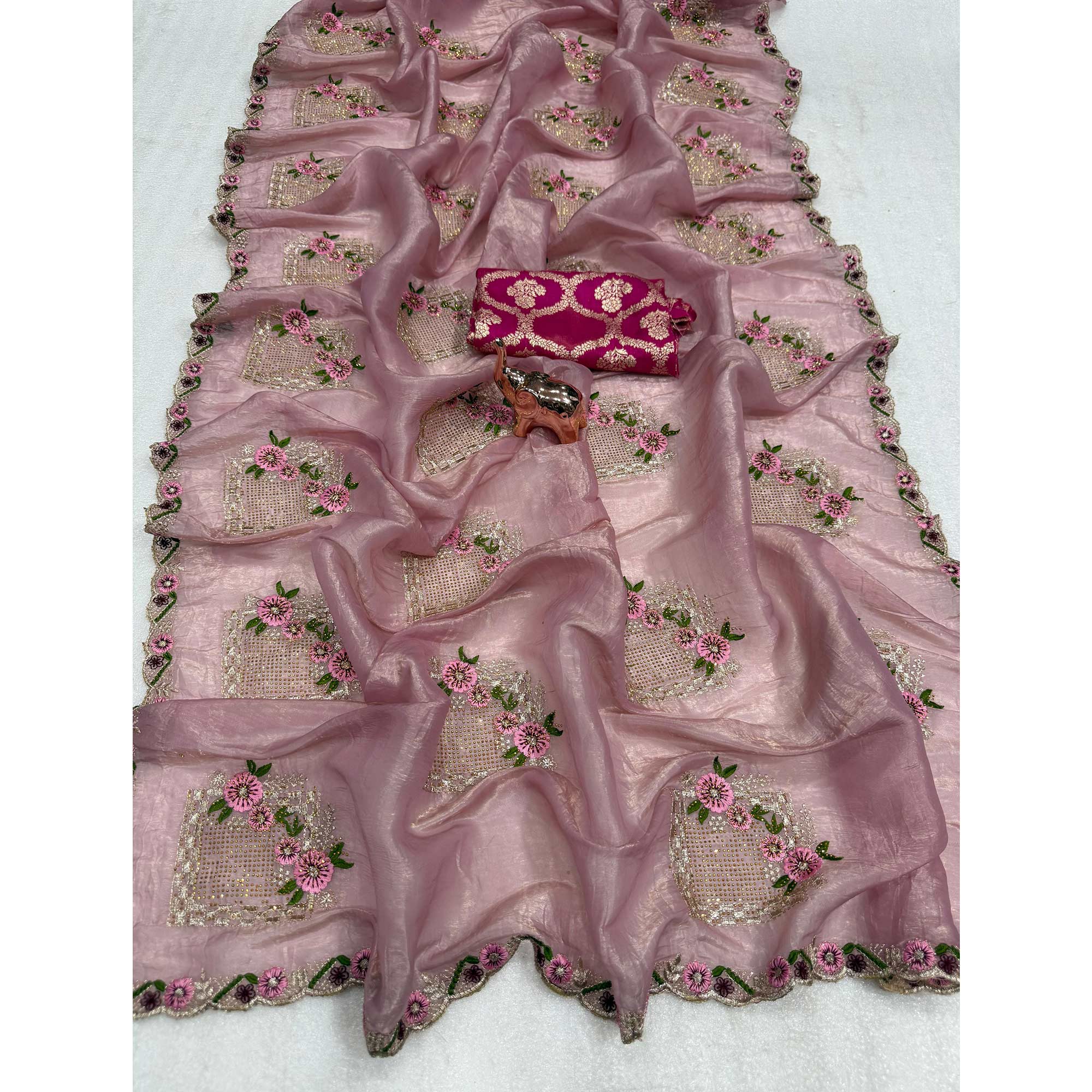 Stunning Pink Floral Embroidery & Swarovski Adorned Paper Silk Saree with Cutwork Border - Image 3