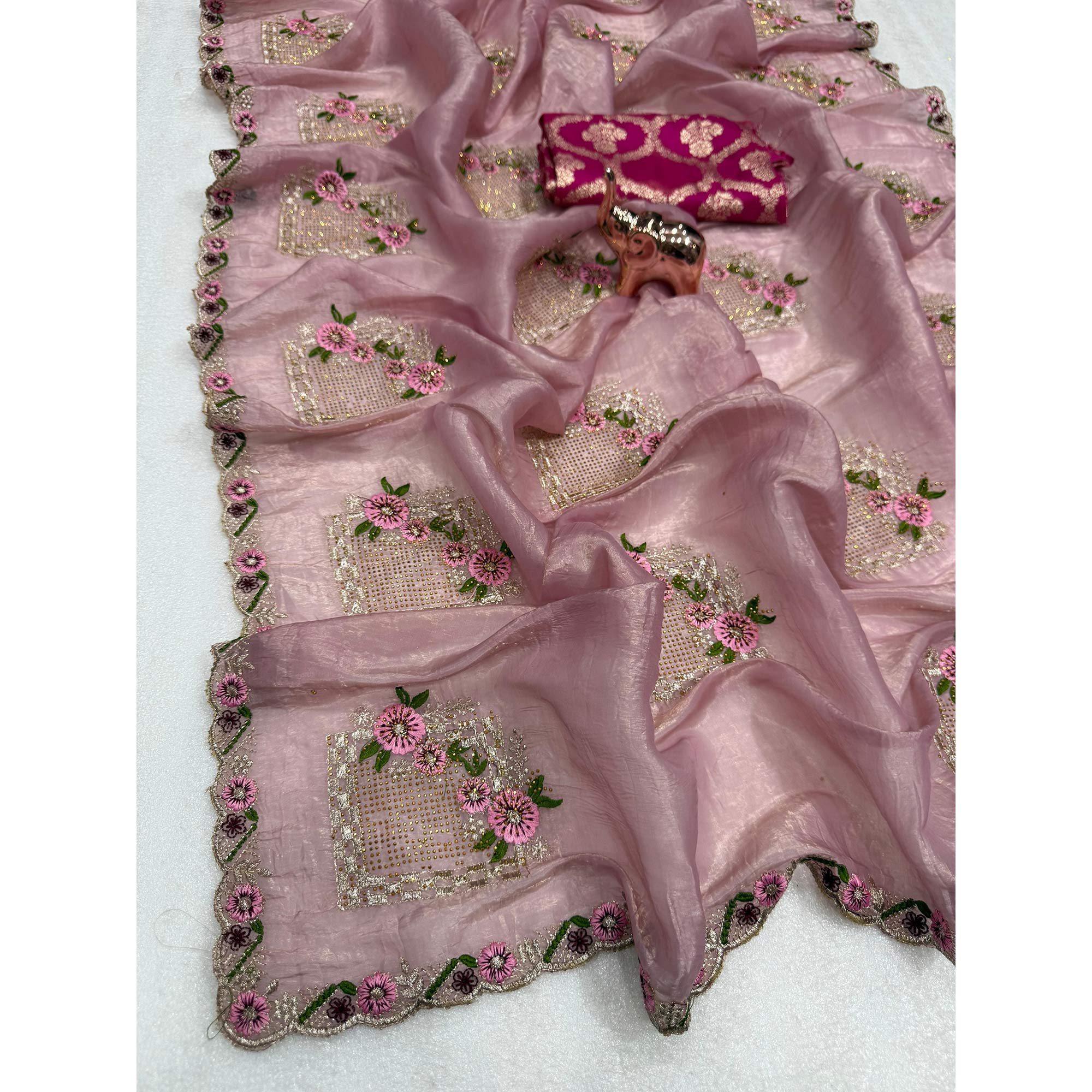Stunning Pink Floral Embroidery & Swarovski Adorned Paper Silk Saree with Cutwork Border - Image 4