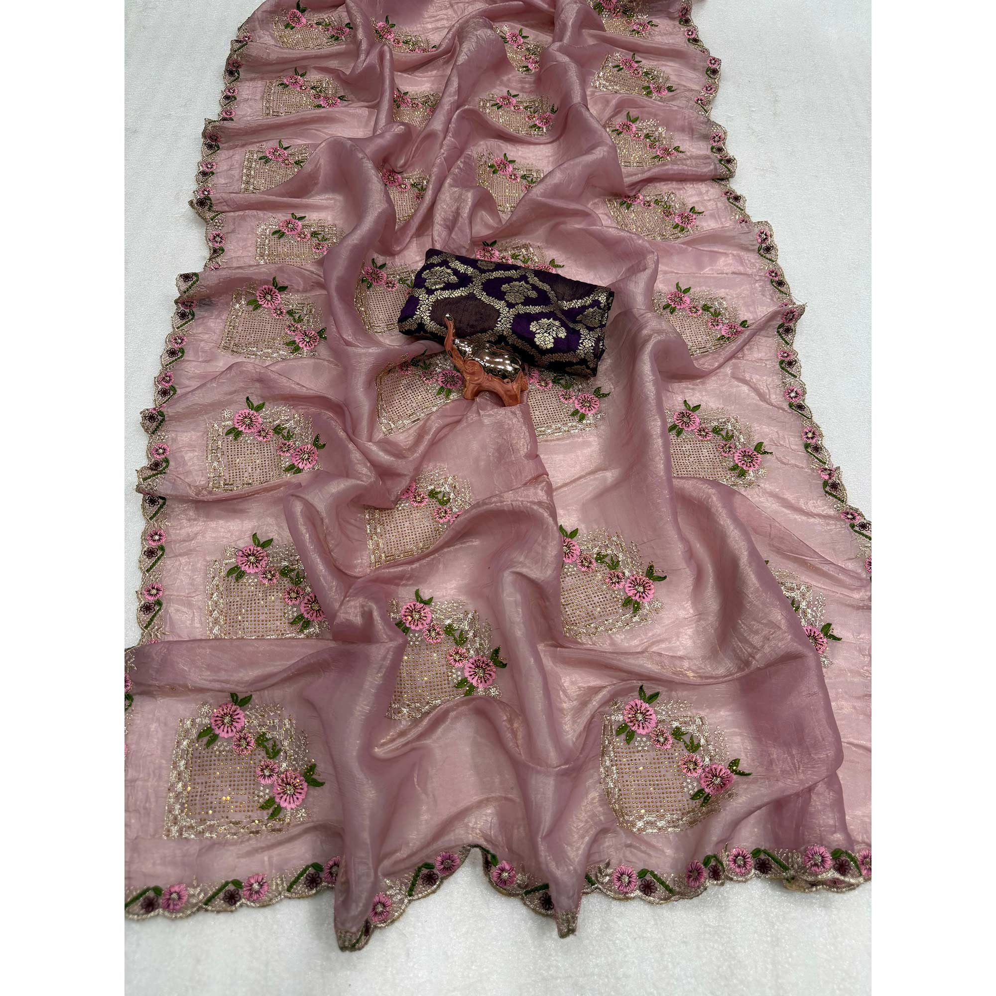 Stunning Pink Floral Embroidery & Swarovski Adorned Paper Silk Saree with Cutwork Border - Image 3