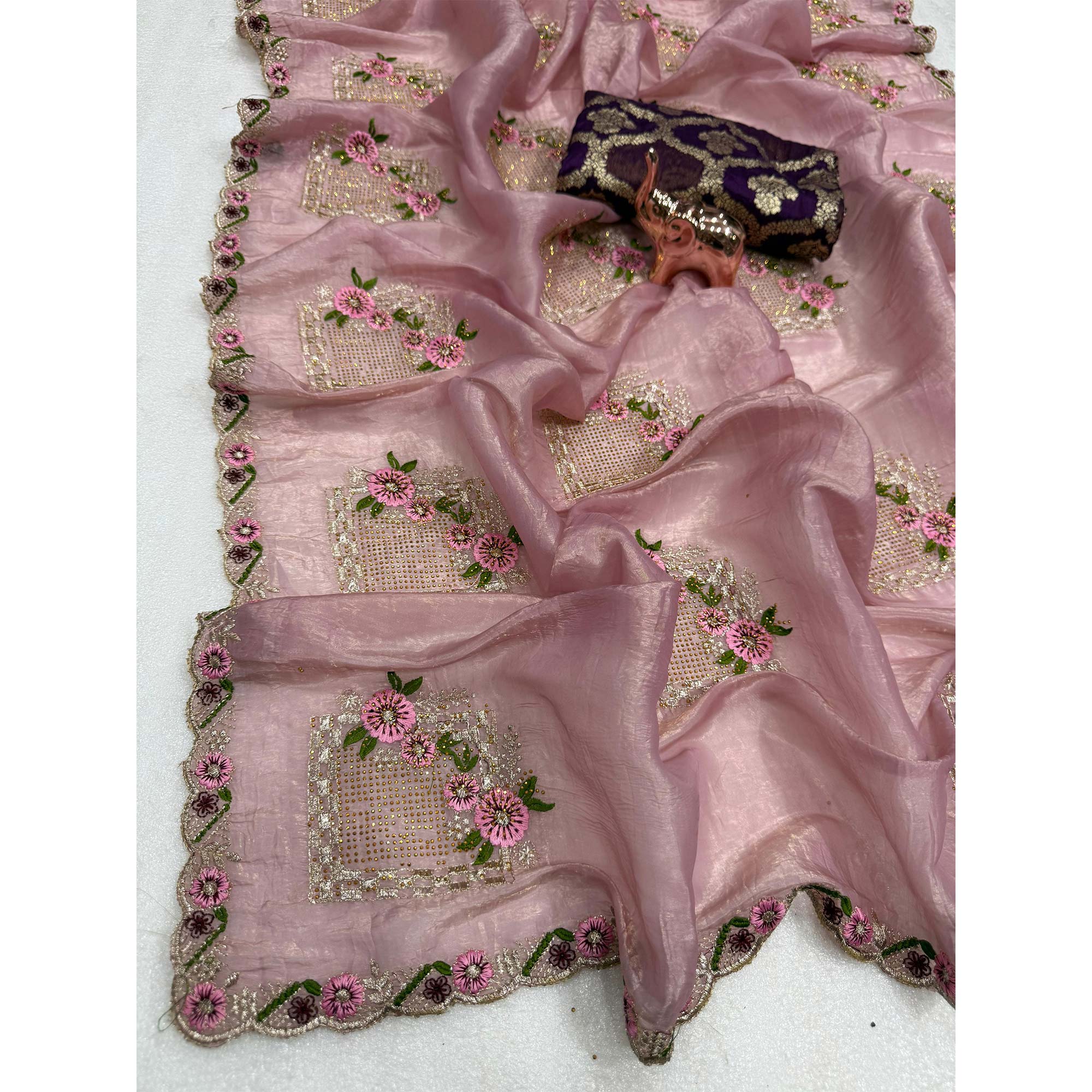 Stunning Pink Floral Embroidery & Swarovski Adorned Paper Silk Saree with Cutwork Border - Image 4