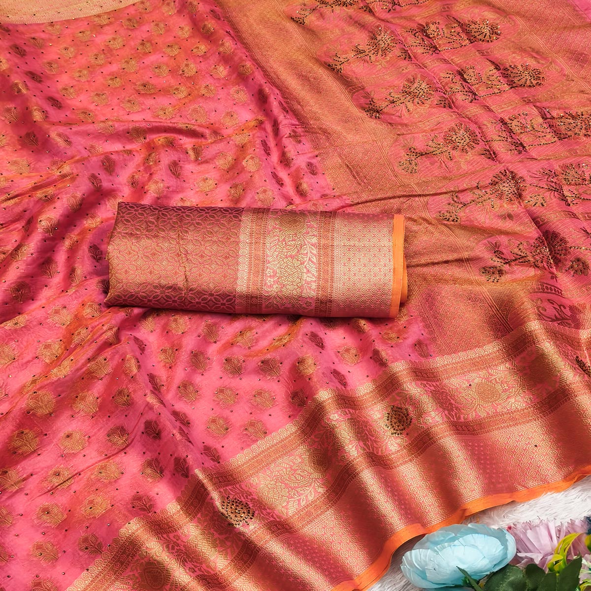 Stunning Pink Floral Weaving Banarasi Crushy Silk Saree With Stone Work & Tassel Pallu - Image 2