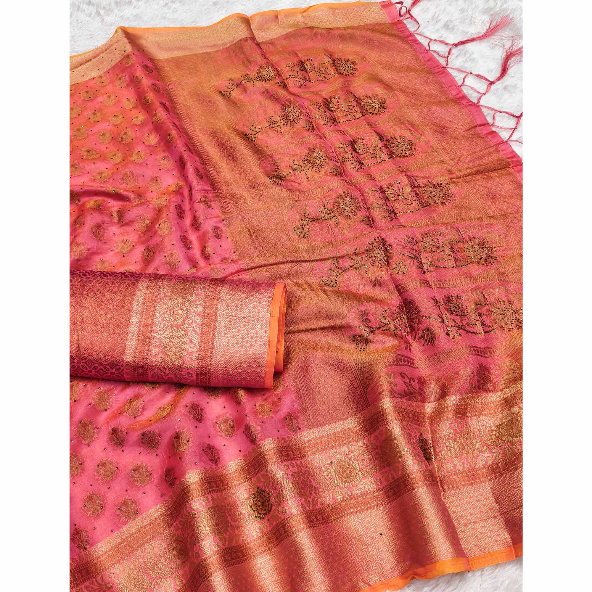 Stunning Pink Floral Weaving Banarasi Crushy Silk Saree With Stone Work & Tassel Pallu - Image 3
