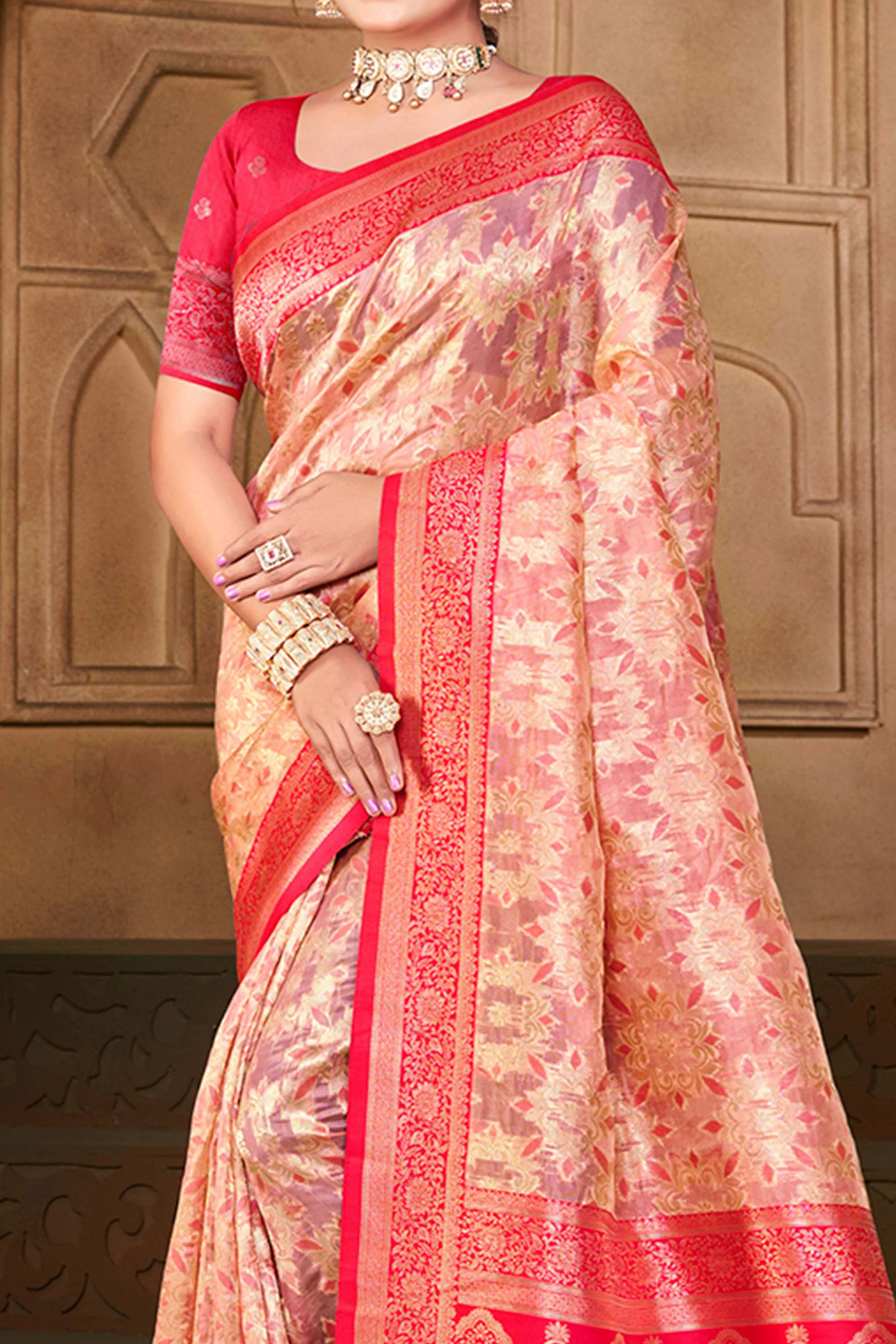 Stunning Pink Floral Weaving Silk Blend Saree Enhanced With A Stylish Tassel Pallu - Image 2
