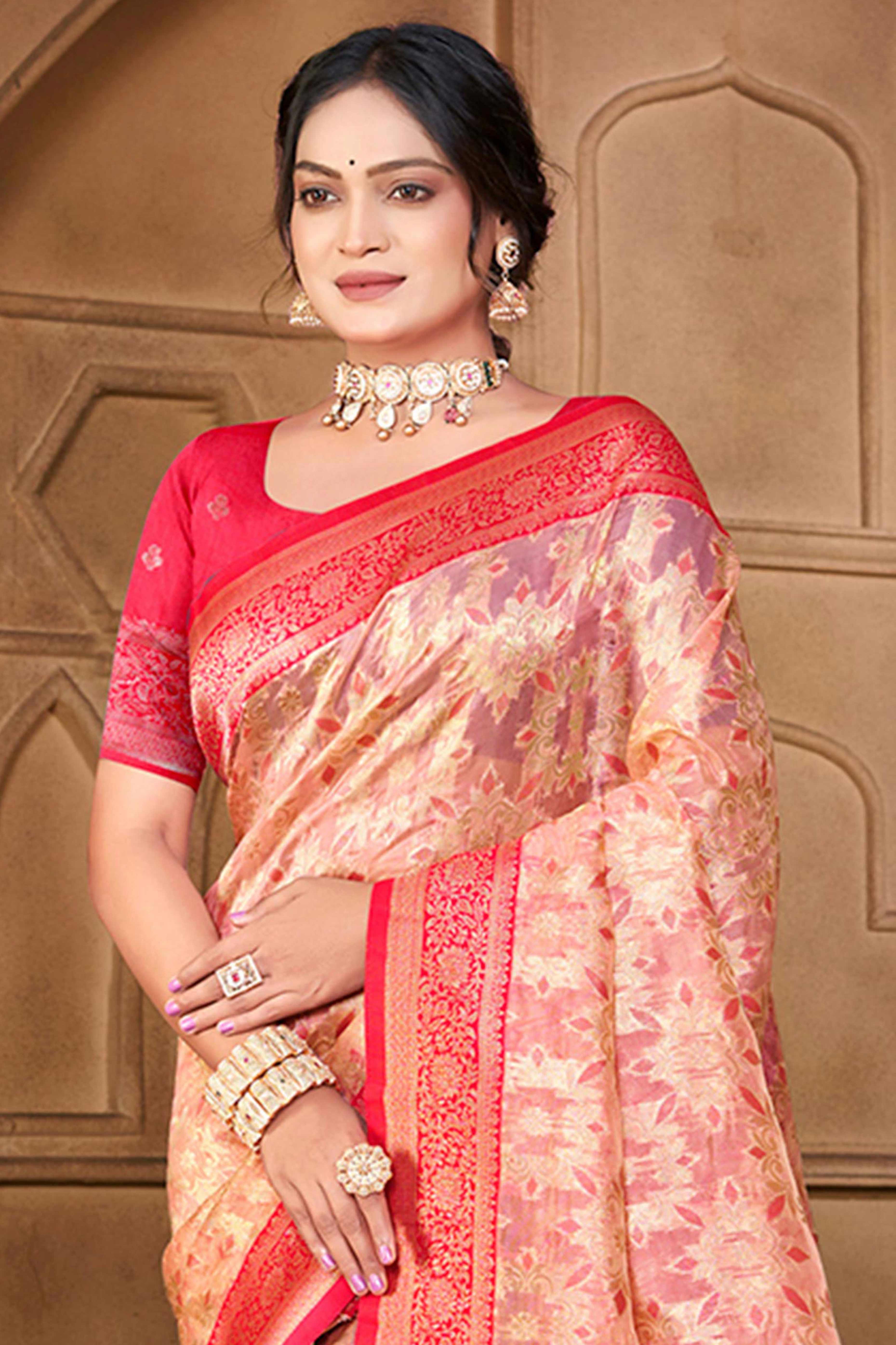Stunning Pink Floral Weaving Silk Blend Saree Enhanced With A Stylish Tassel Pallu - Image 3