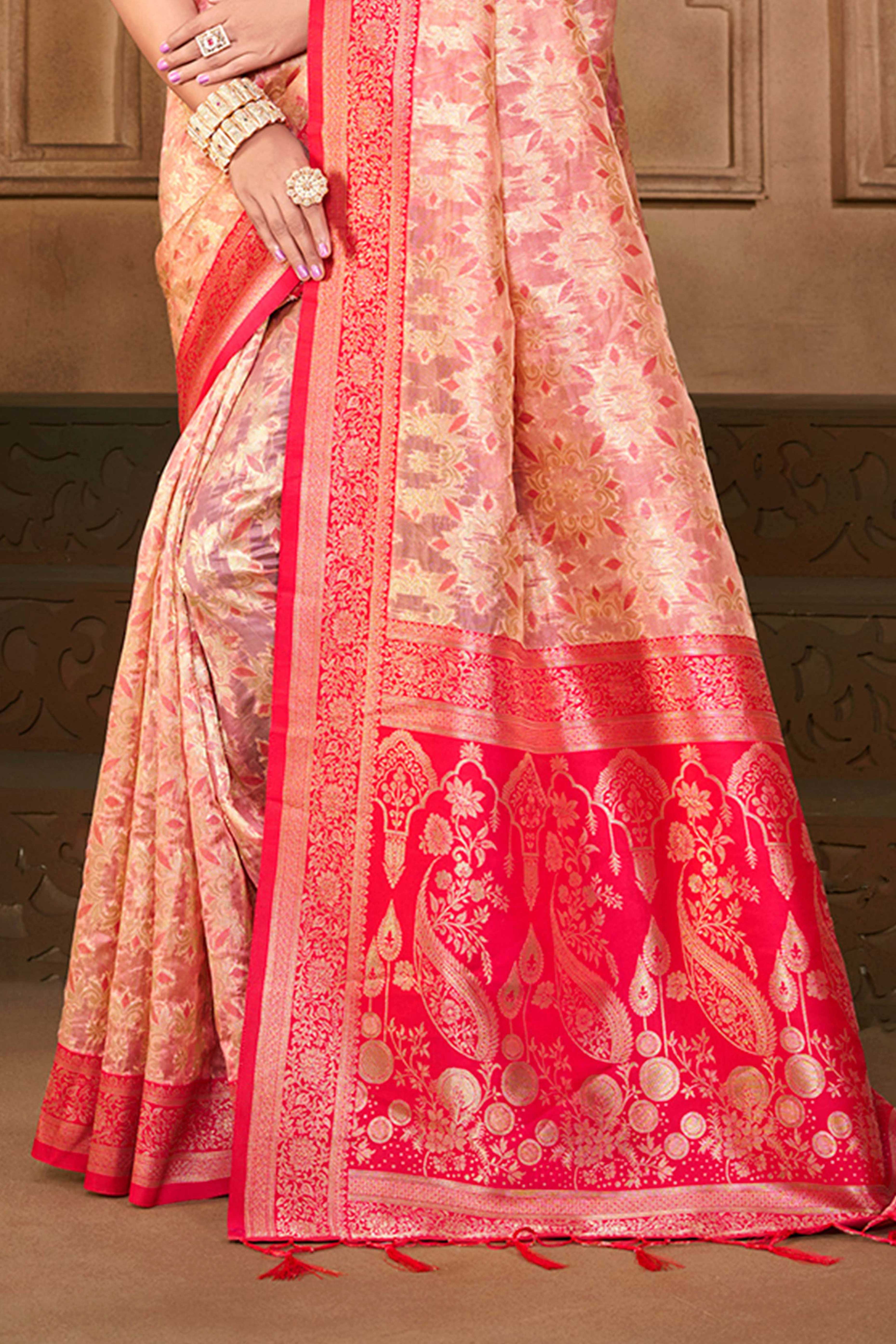 Stunning Pink Floral Weaving Silk Blend Saree Enhanced With A Stylish Tassel Pallu - Image 4