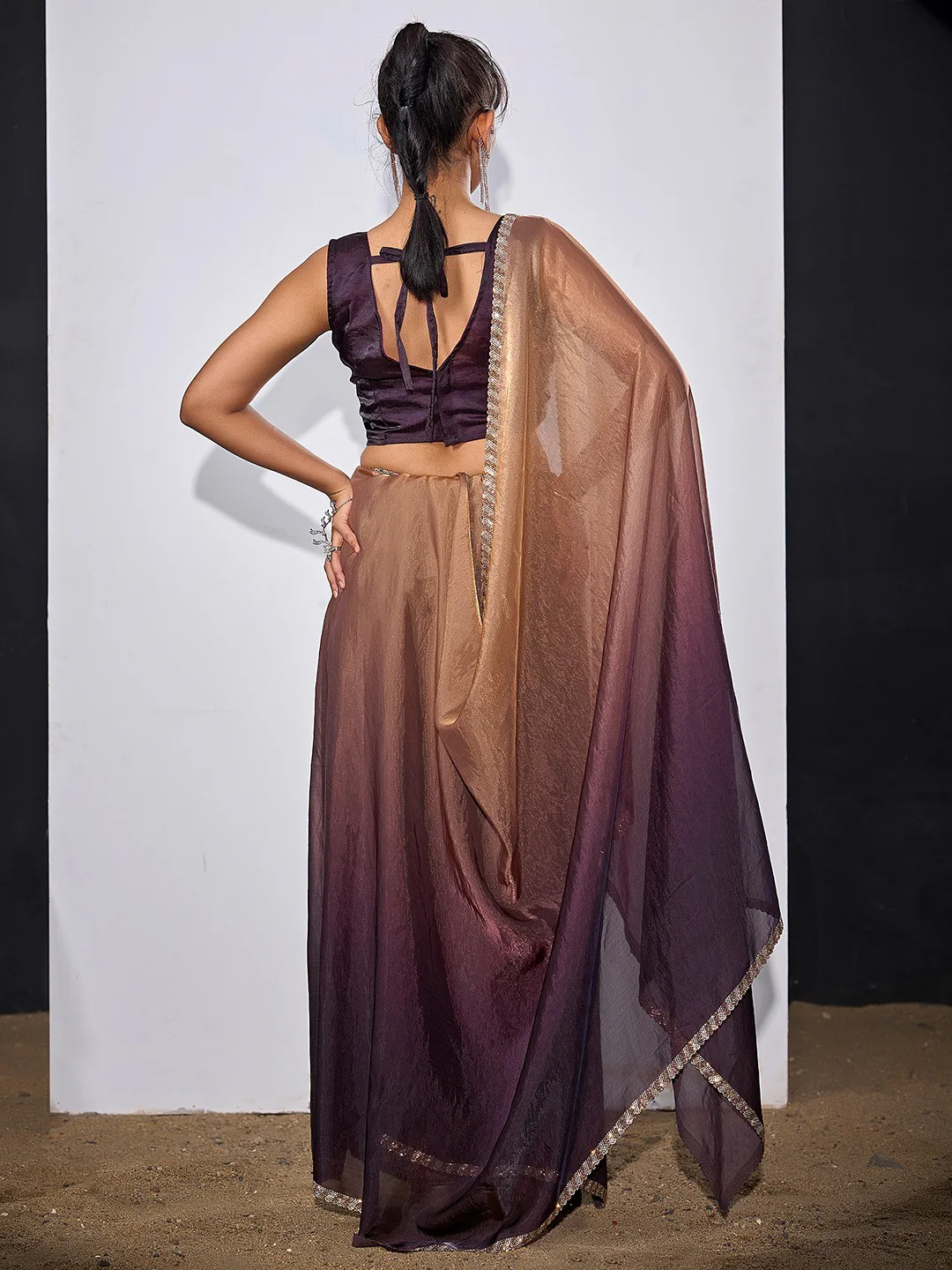 Stunning Purple & Brown Satin Silk Ombre Saree Adorned With Sparkling Stone Work Border - Image 4