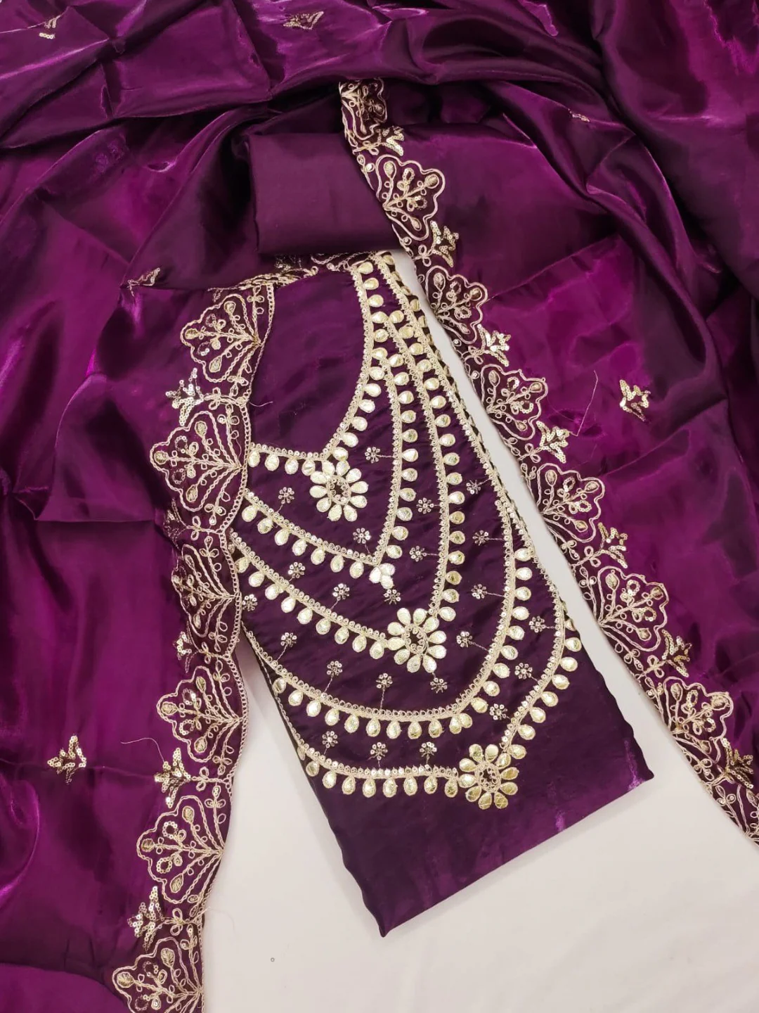 Stunning Purple Floral Art Silk Dress Material Adorned With Gota Patti & Sequins Embroidery - Image 6
