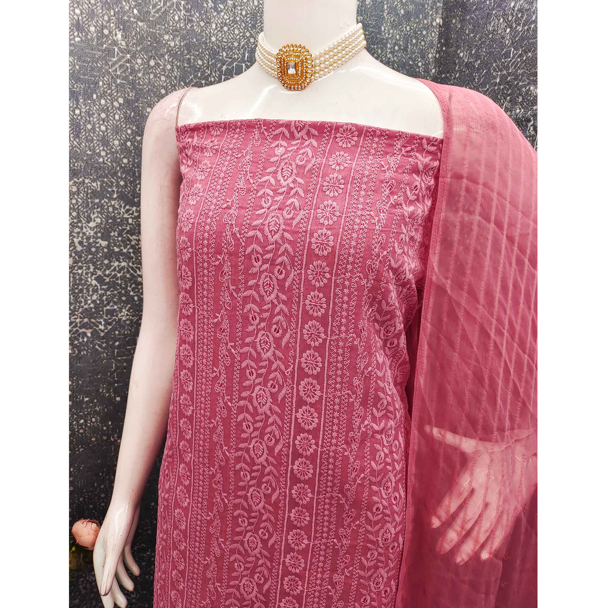 Stunning Rani Pink Floral Embroidery With Sparkling Sequins Work Georgette Dress Material - Image 4