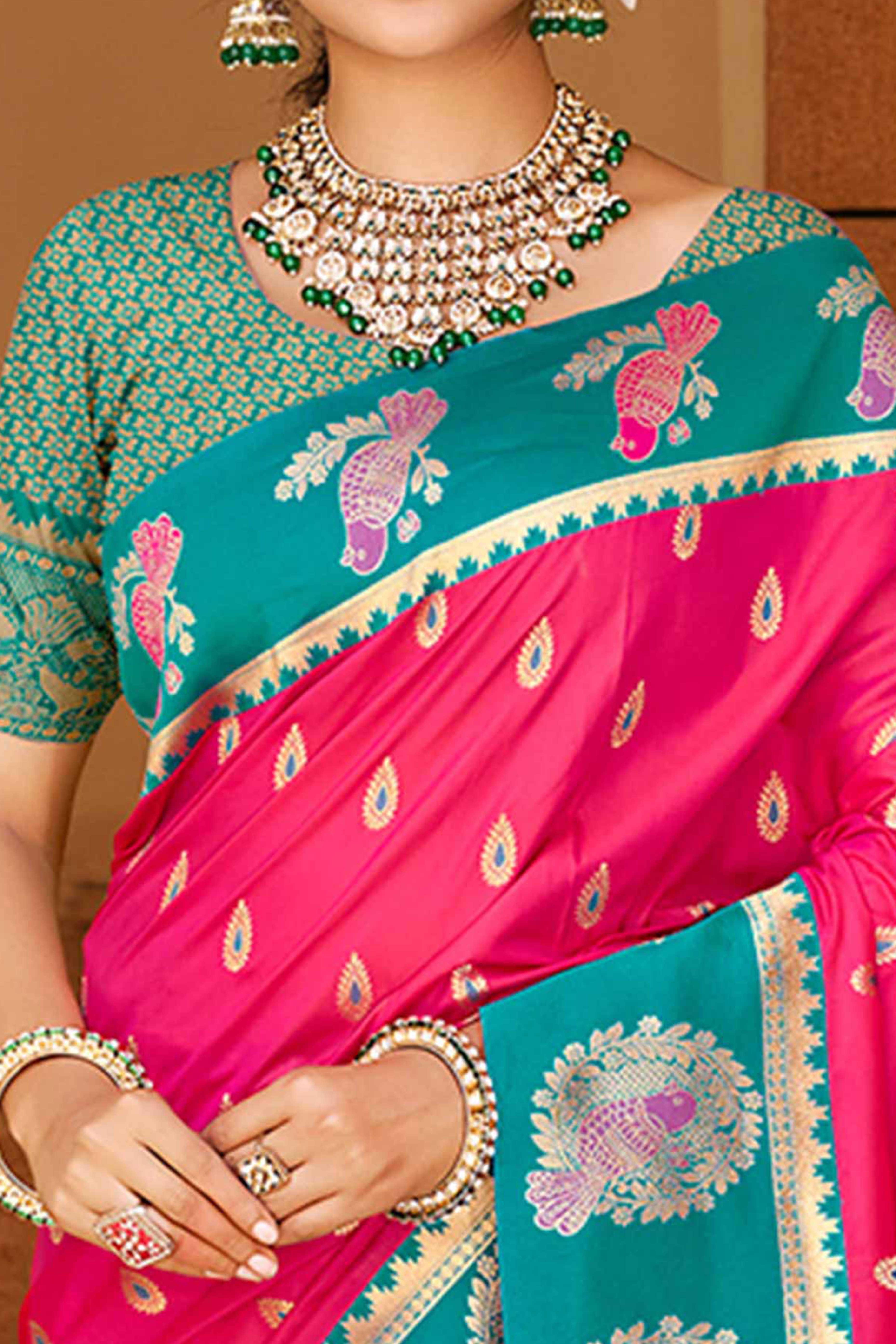 Stunning Rani Pink Floral Weaving Silk Blend Saree With Birds Design Border & Tassel Pallu - Image 2