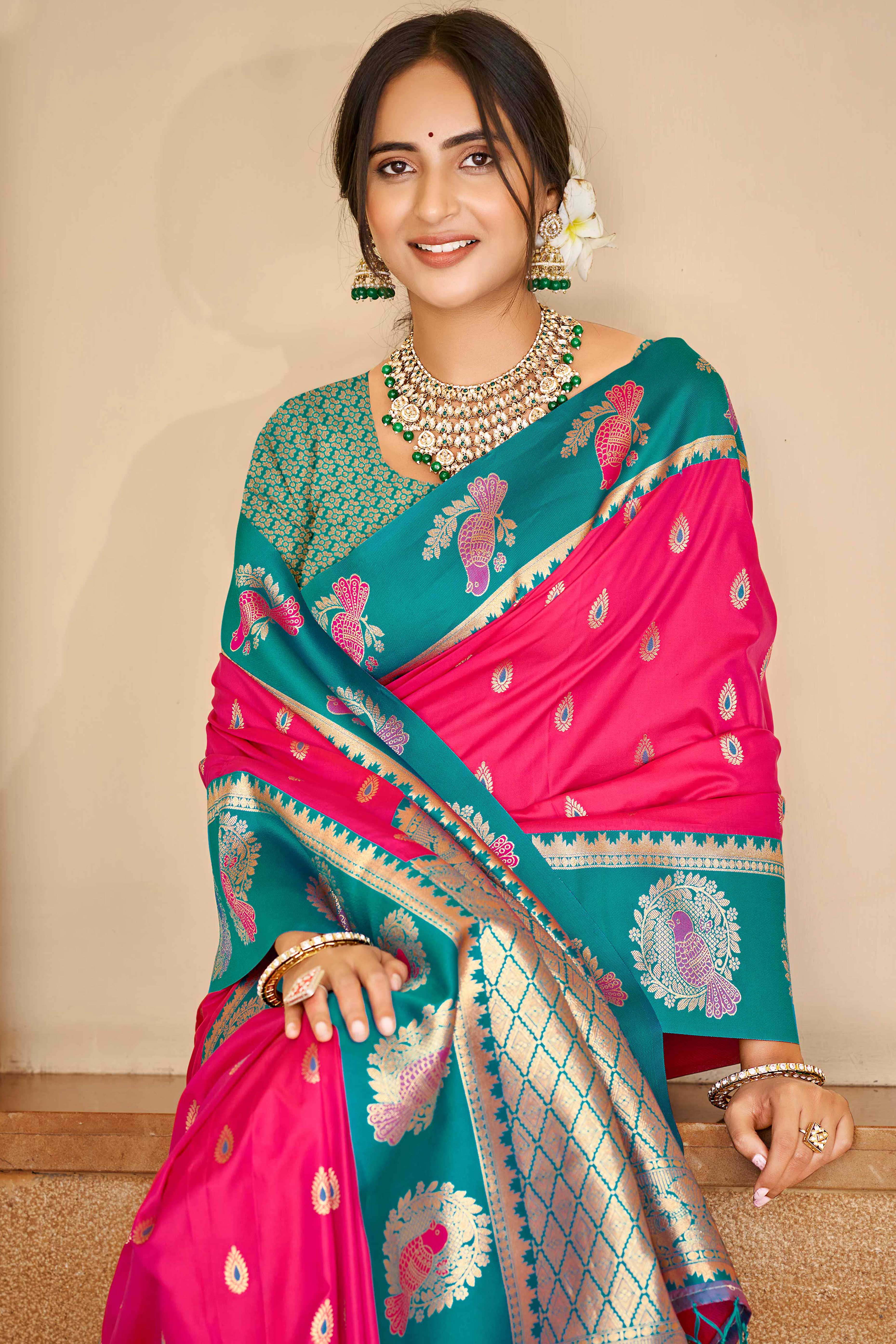 Stunning Rani Pink Floral Weaving Silk Blend Saree With Birds Design Border & Tassel Pallu - Image 3