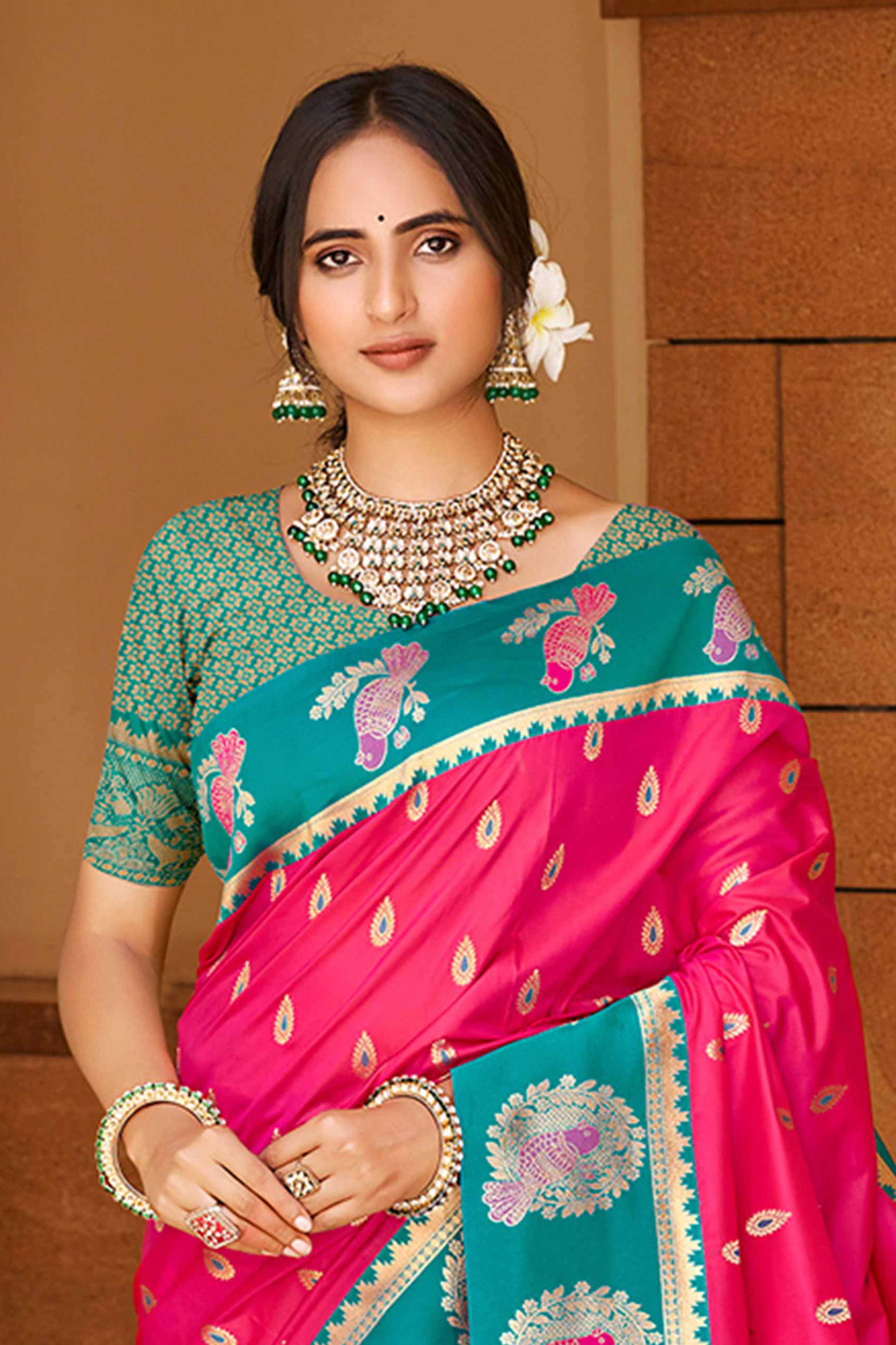 Stunning Rani Pink Floral Weaving Silk Blend Saree With Birds Design Border & Tassel Pallu - Image 4