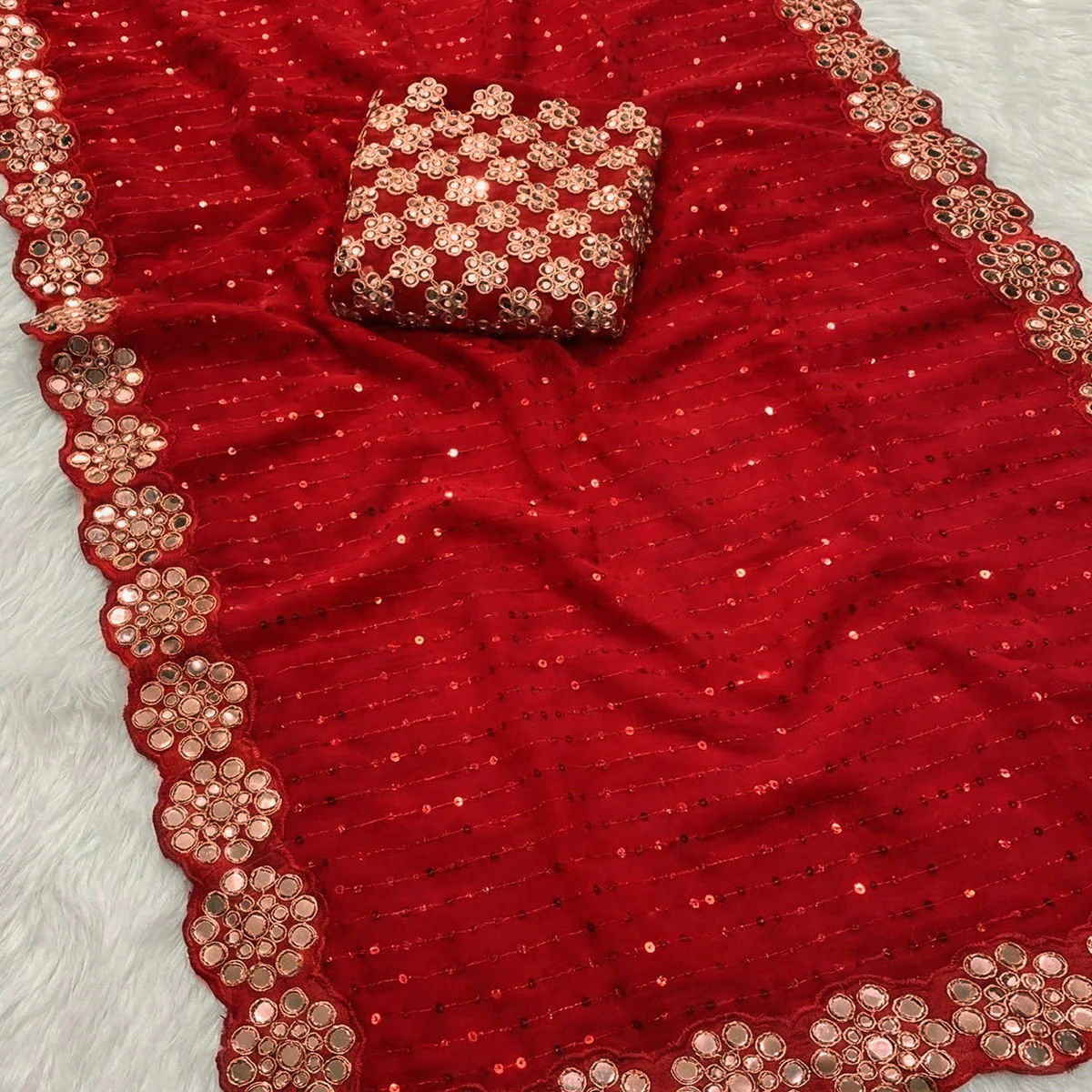 Stunning Red Georgette Party Wear Saree Adorned with Heavy Sequins Embellishment - Image 2