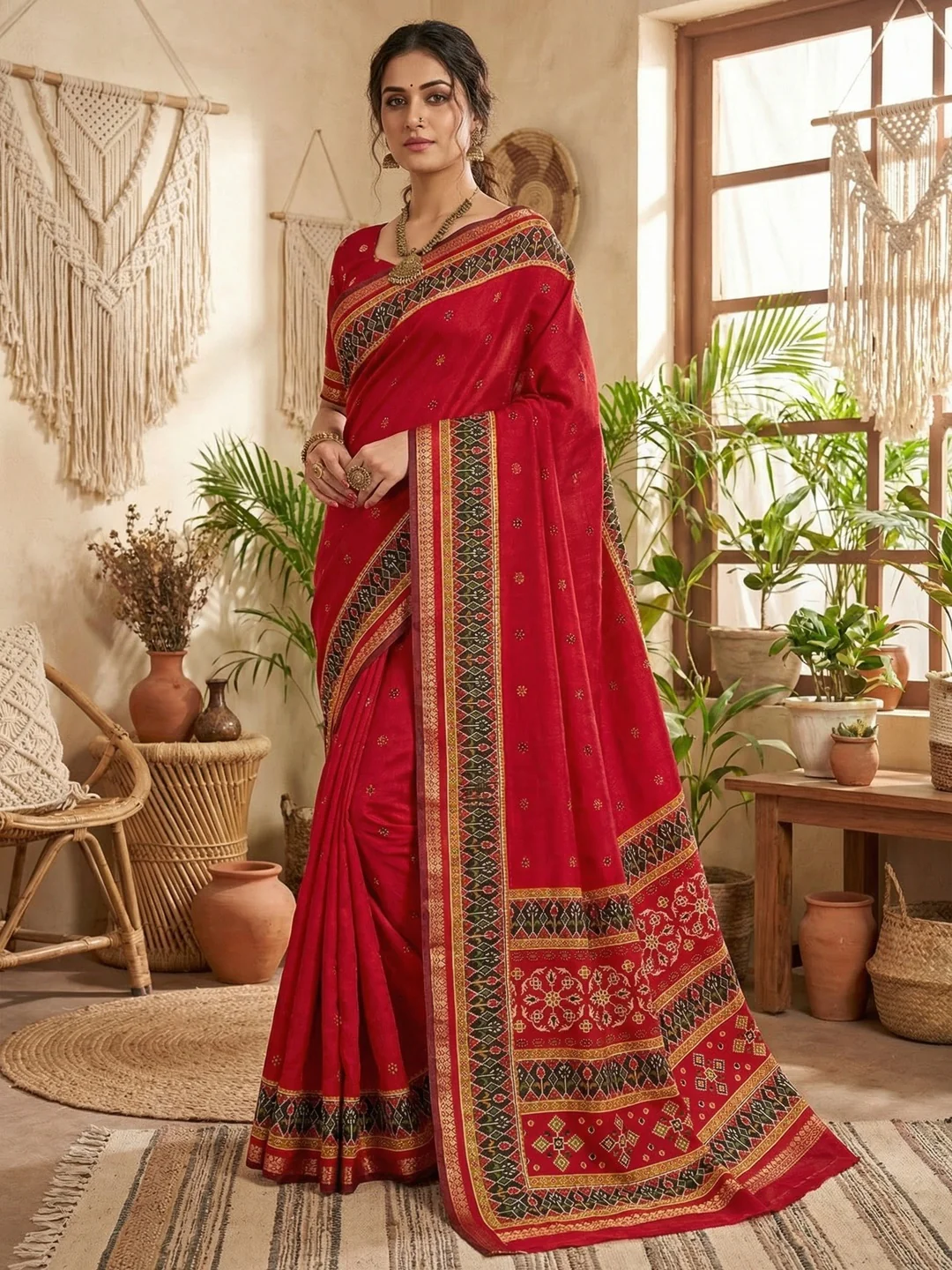 Stunning Red Viscose Saree with Traditional Print Border & Graceful Look