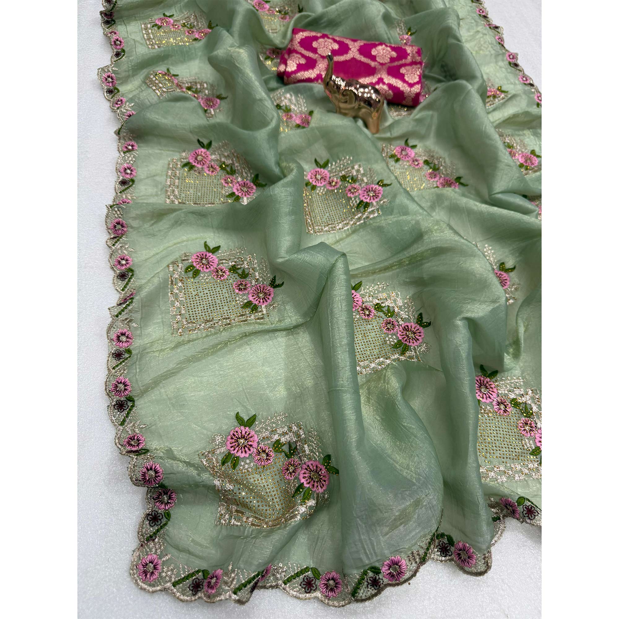 Stunning Sage Green Floral Embroidery & Swarovski Adorned Paper Silk Saree with Cutwork Border - Image 4