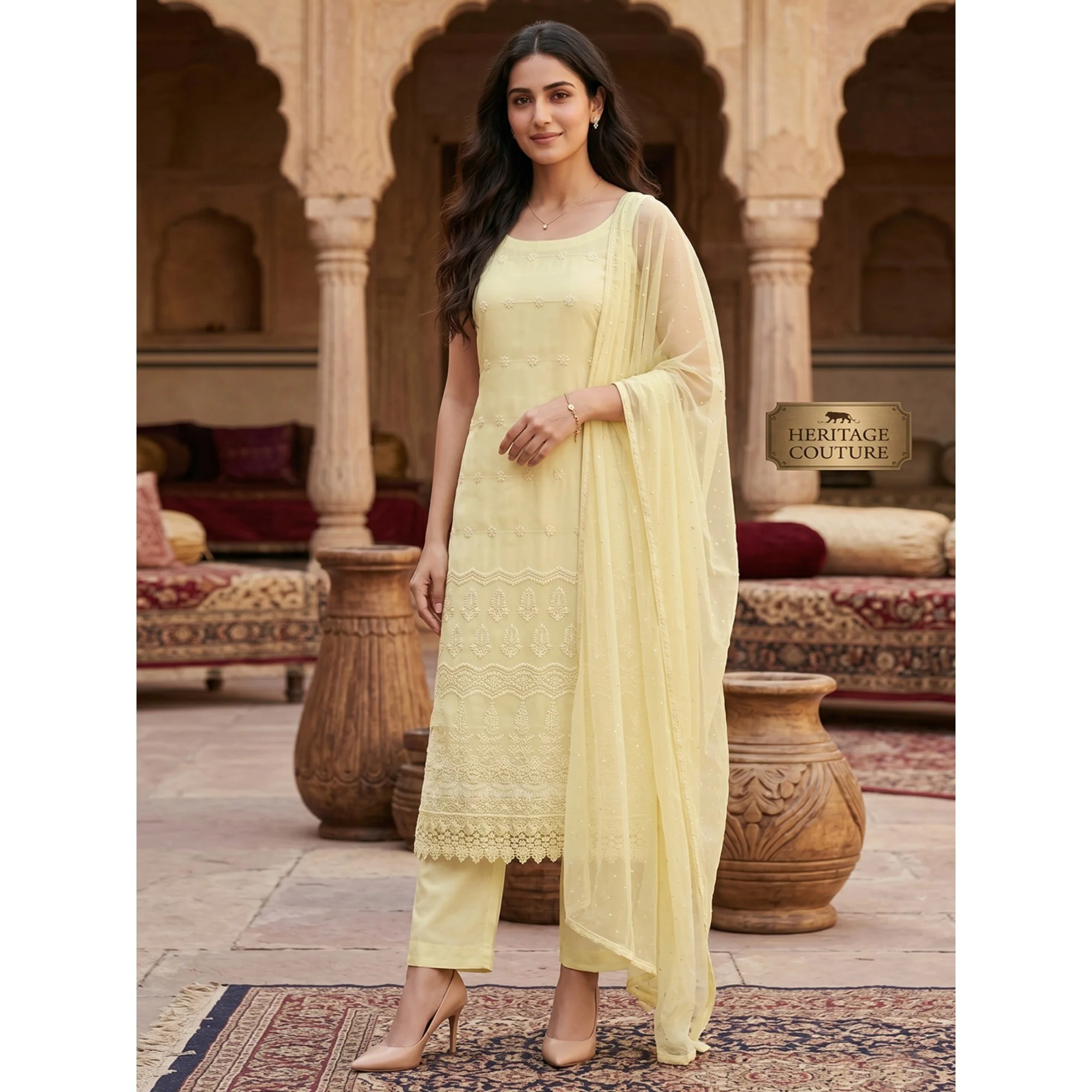 Stunning Yellow Floral Embroidery With Sparkling Sequins Work Georgette Dress Material