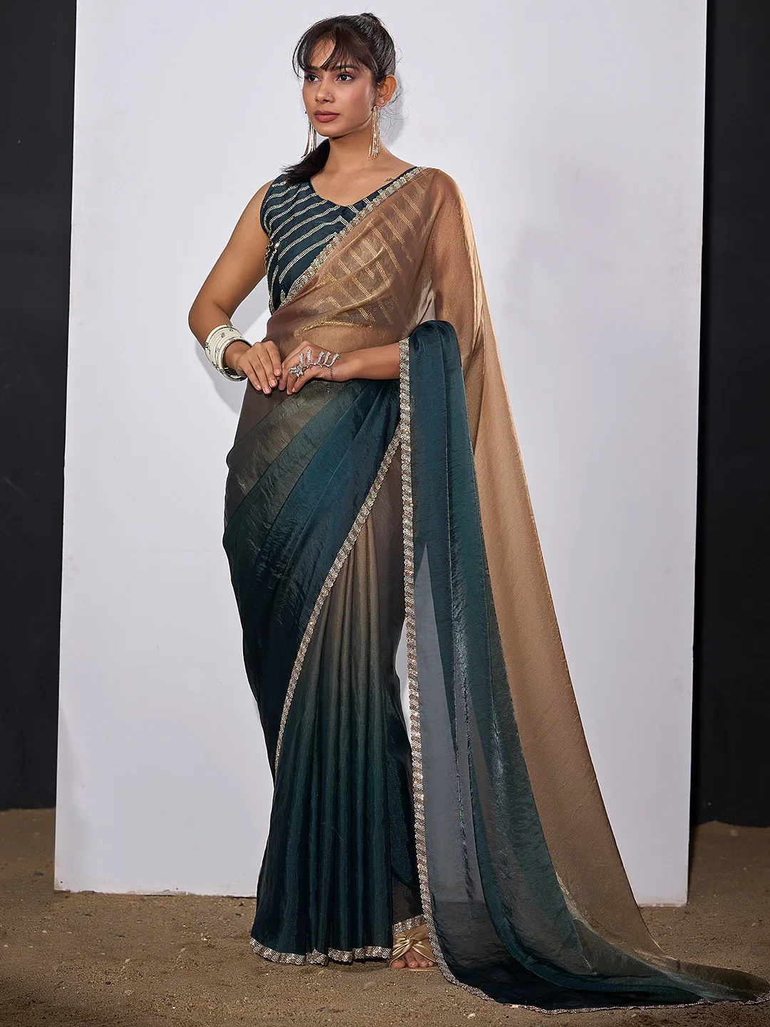 Stunning Teal & Brown Satin Silk Ombre Saree Adorned With Sparkling Stone Work Border - Image 6