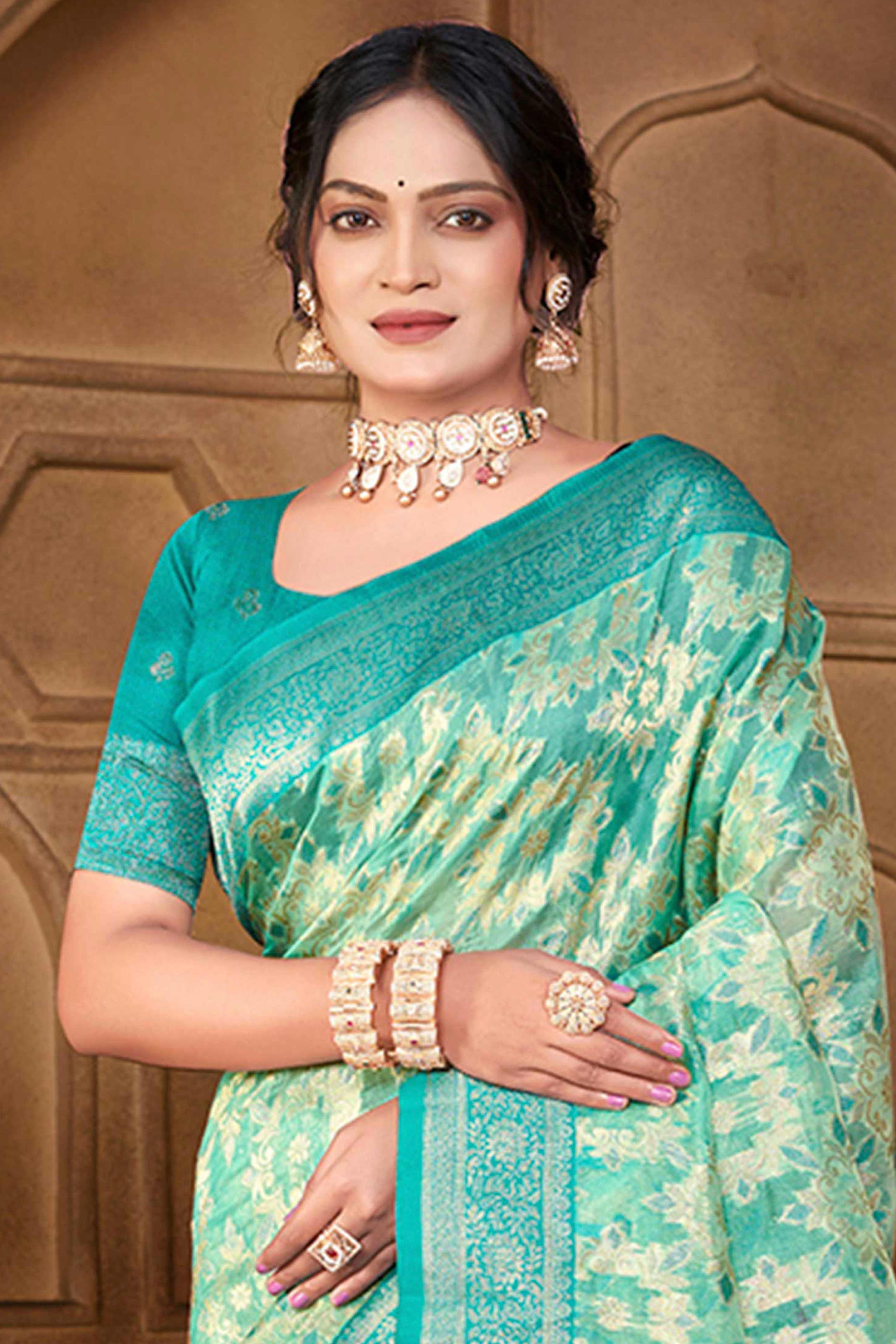 Stunning Turquoise Blue Floral Weaving Silk Blend Saree Enhanced With A Stylish Tassel Pallu - Image 3