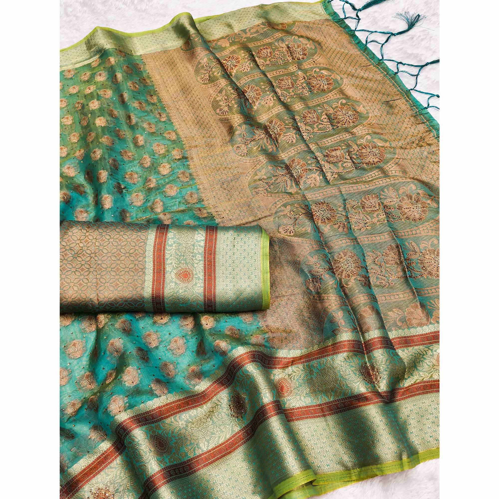 Stunning Turquoise Floral Weaving Banarasi Crushy Silk Saree With Stone Work & Tassel Pallu - Image 3