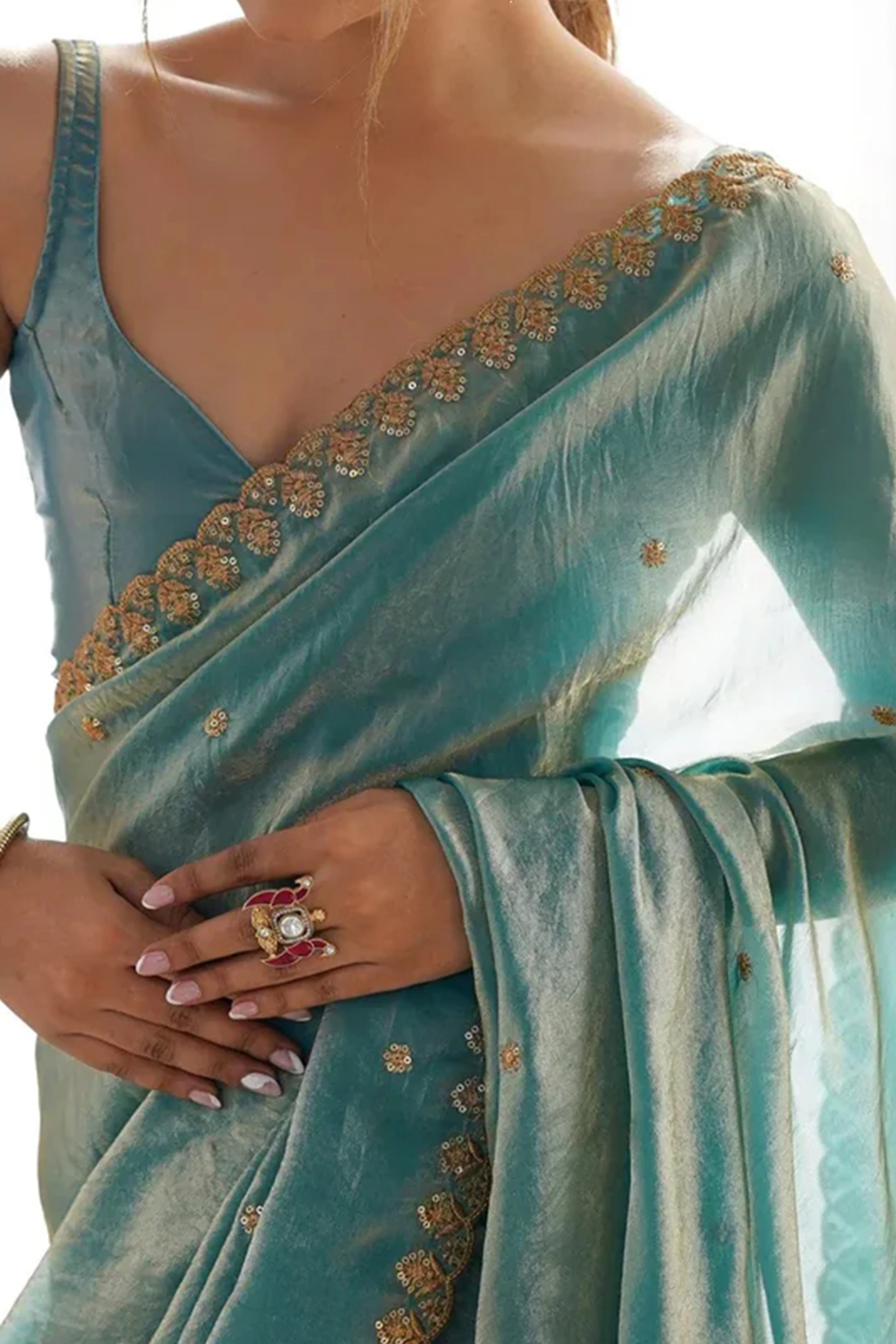 Stunning Turquoise Organza Satin Silk Saree Adorned With Floral Sequin Zari Embroidery Work - Image 2