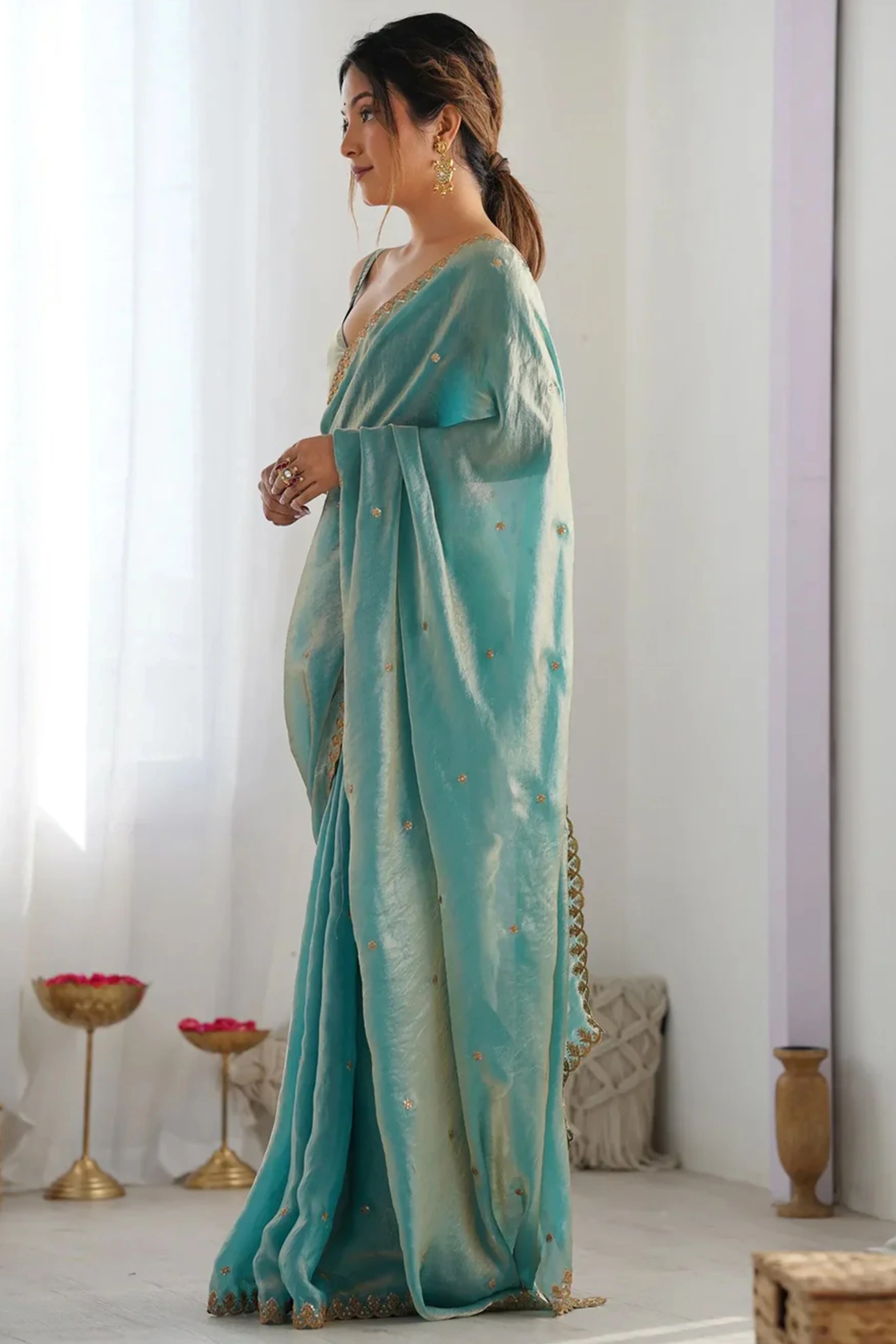 Stunning Turquoise Organza Satin Silk Saree Adorned With Floral Sequin Zari Embroidery Work - Image 3